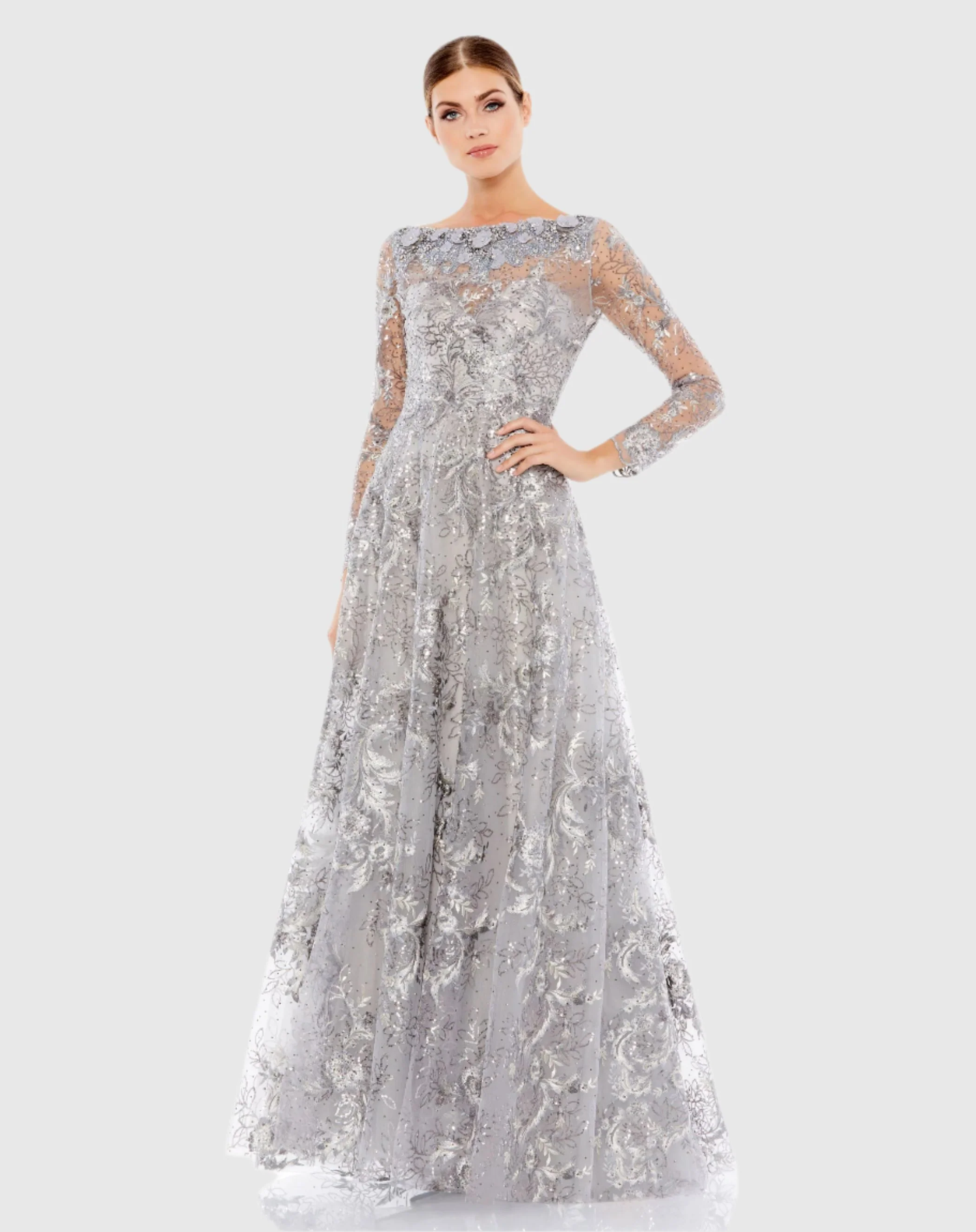 Gray Floral Embroidered Illusion Long Sleeve Gown