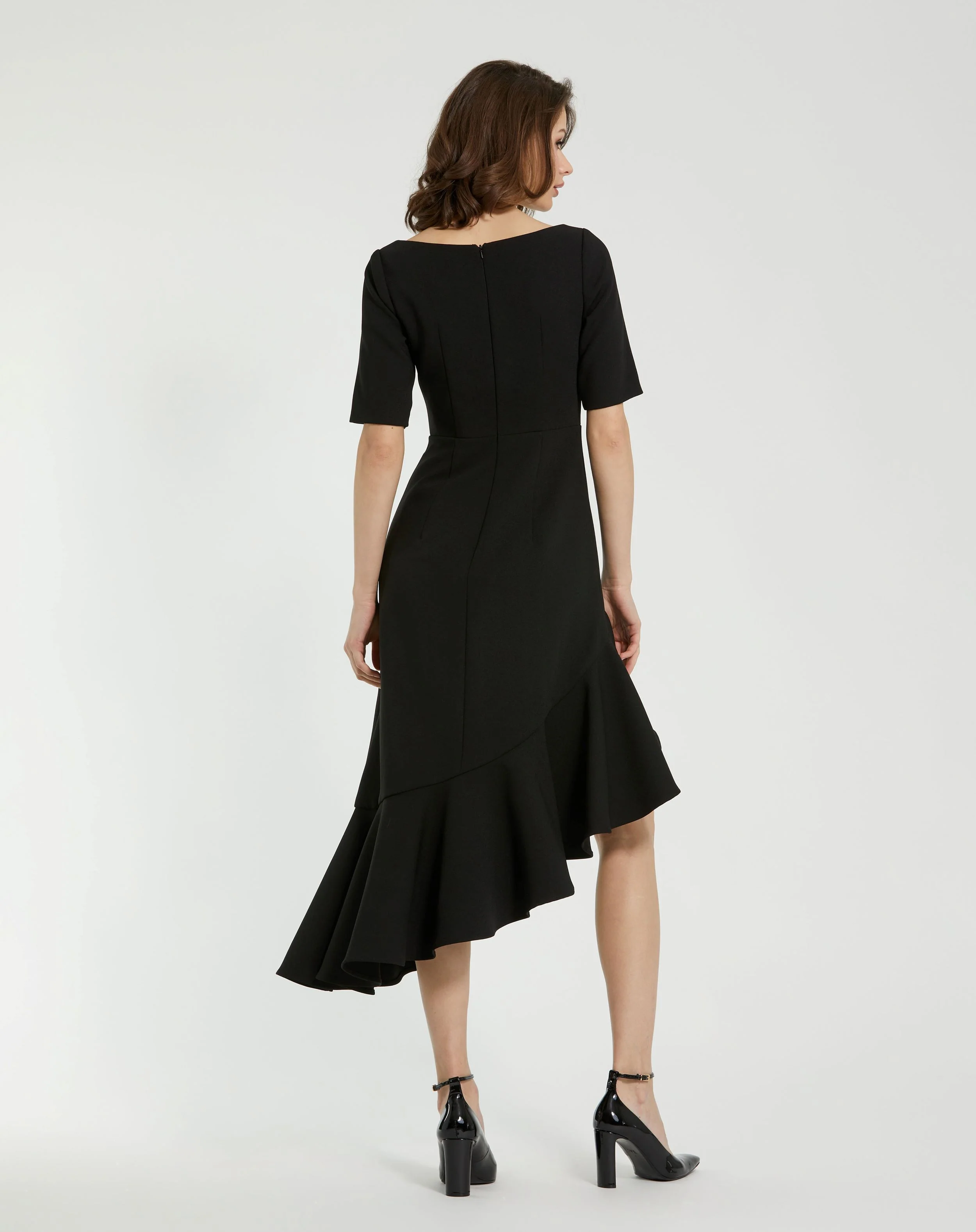 Black Crepe 3/4 Sleeve Asymmetrical Hem Dress