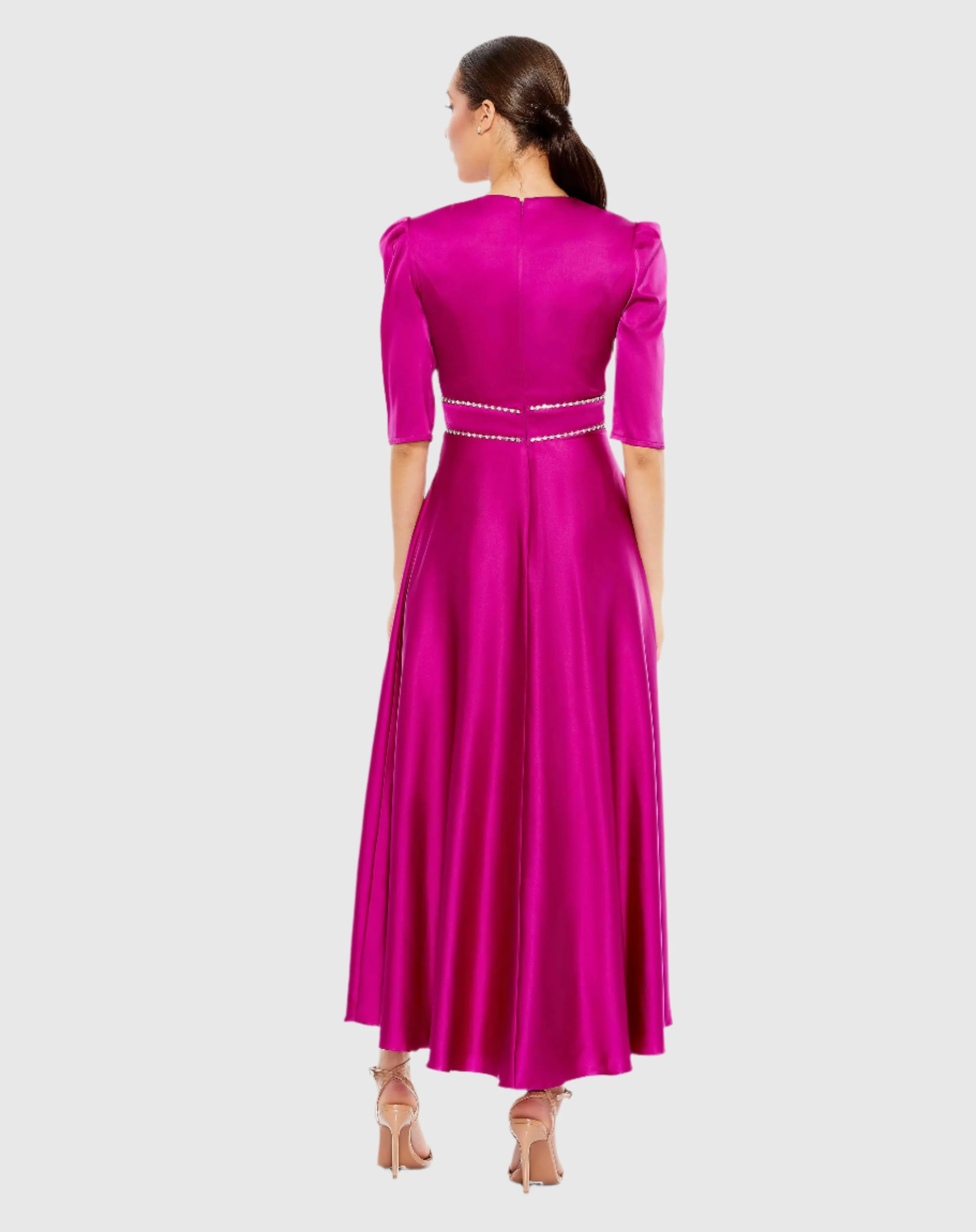 Satin Rhinestone Encrusted Puff Shoulder Dress