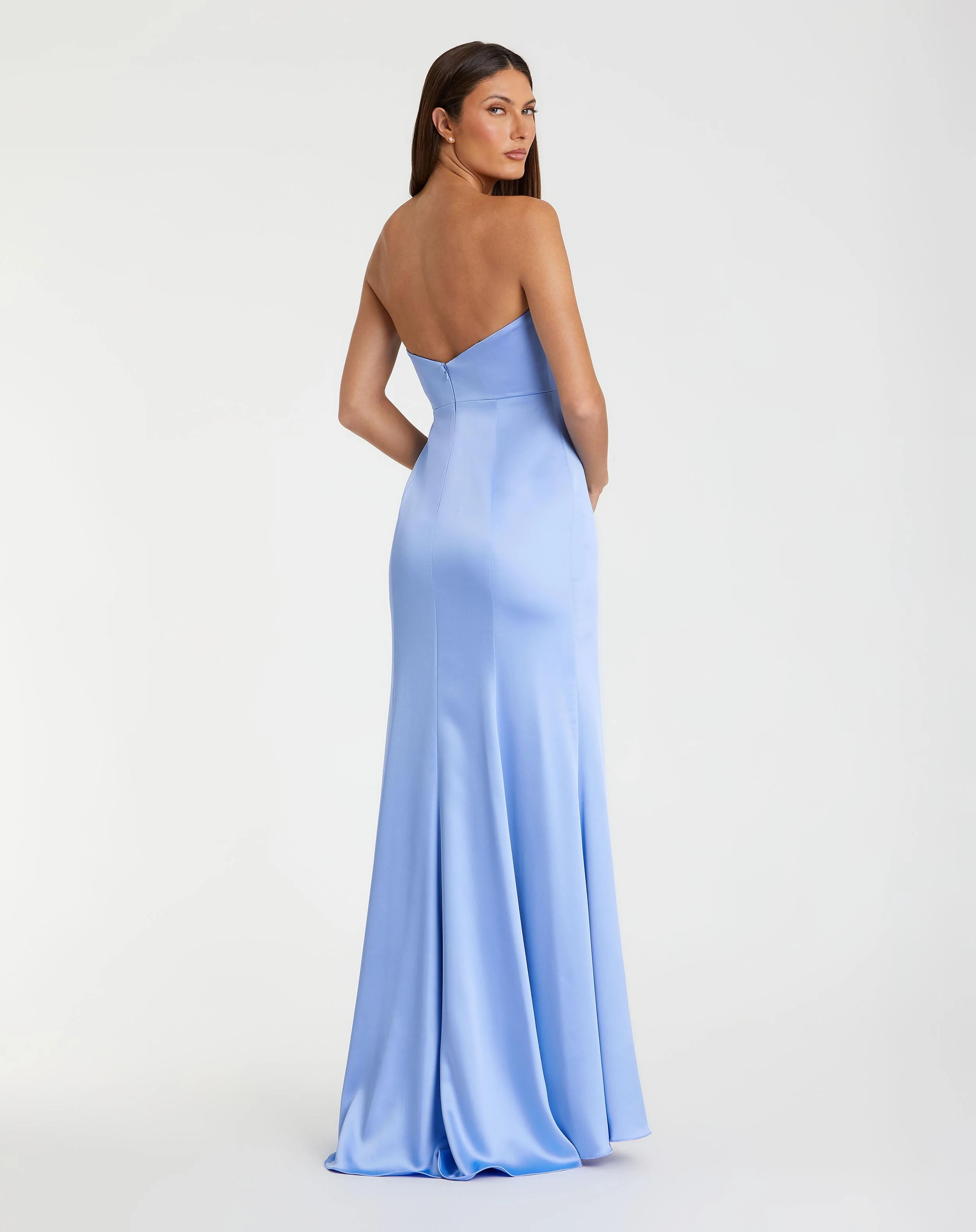 Blue Strapless Satin Column Gown With 3D Flower