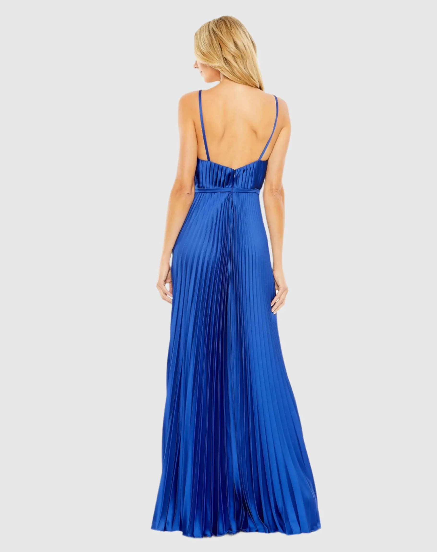 Dark Blue Pleated Plunge Neck Wide Leg Jumpsuit