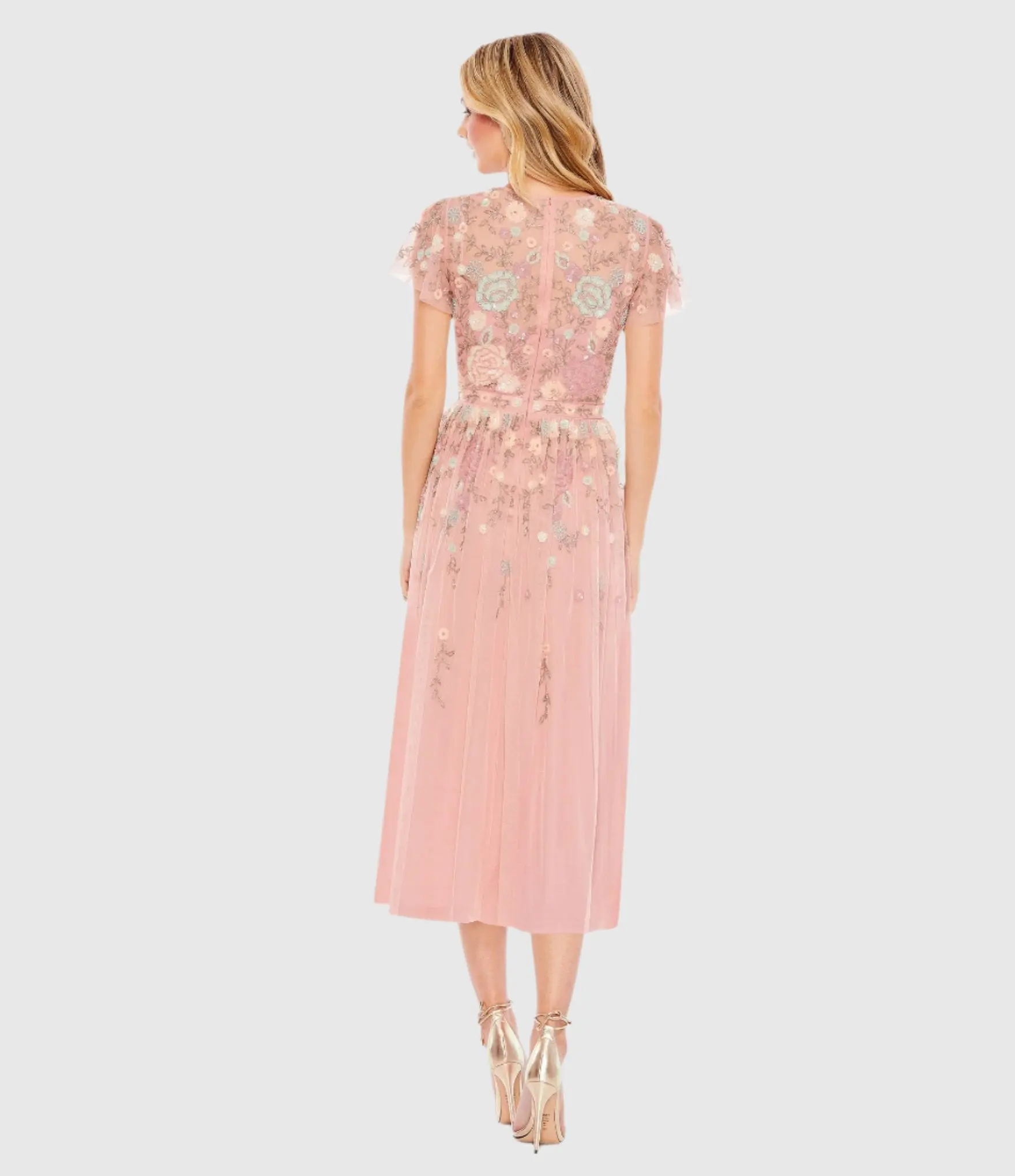 Pink Embellished Illusion High Neck Butterfly Sleeve Midi Dress