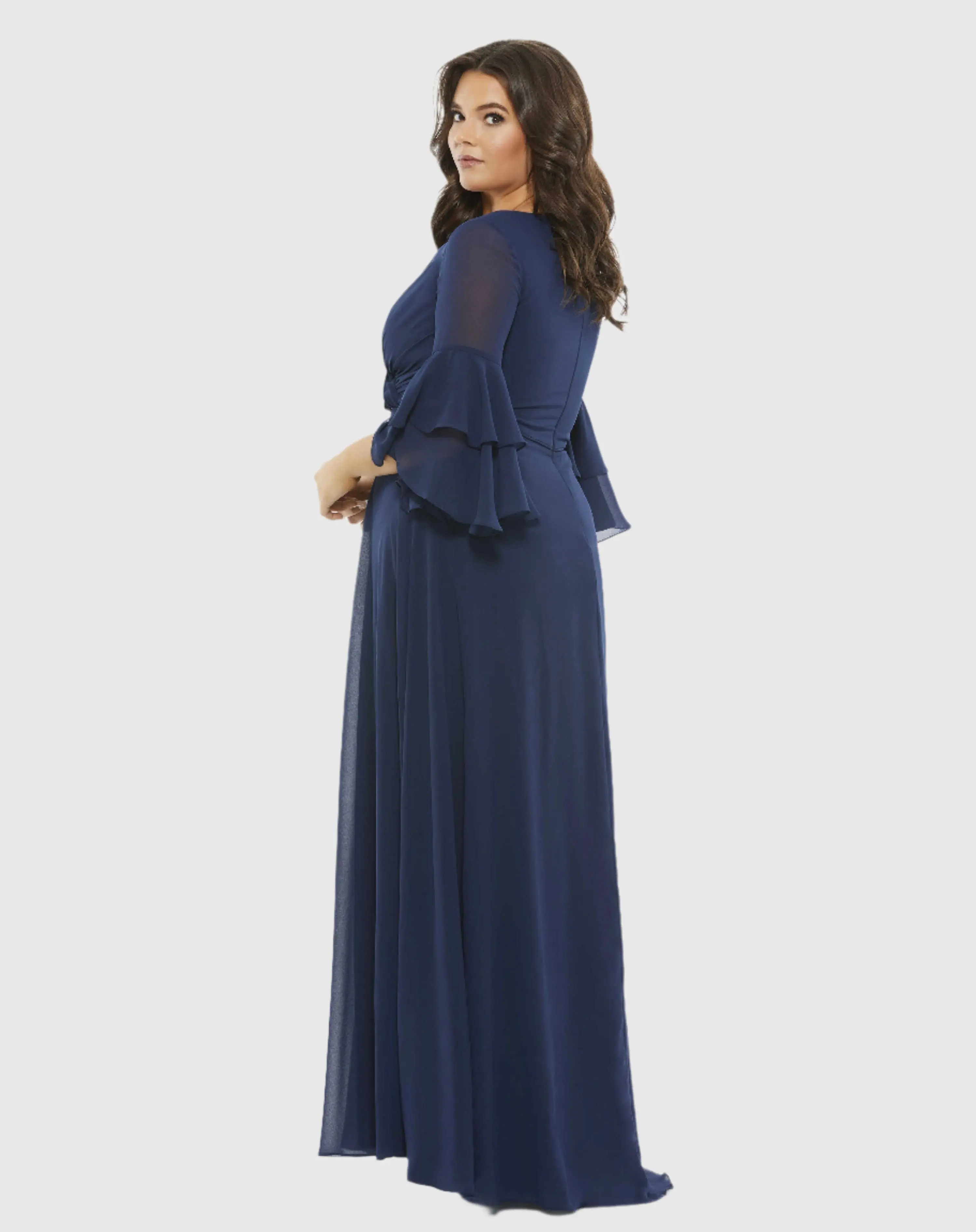 Pleated Bell Sleeve Chiffon Gown (Plus)