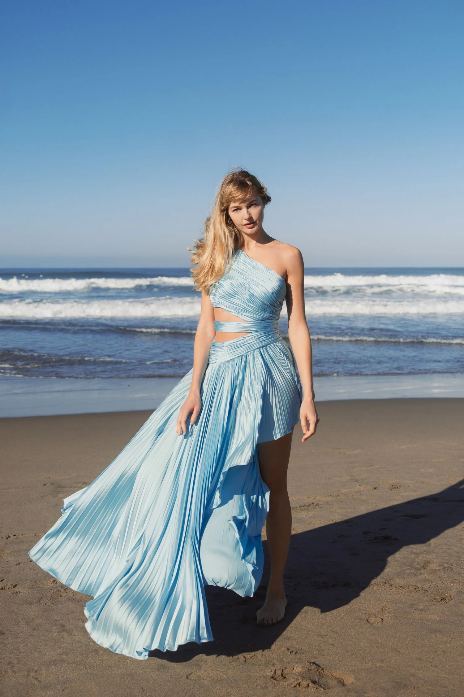 Blue One Shoulder Pleated Charmeuse Gown with Slit