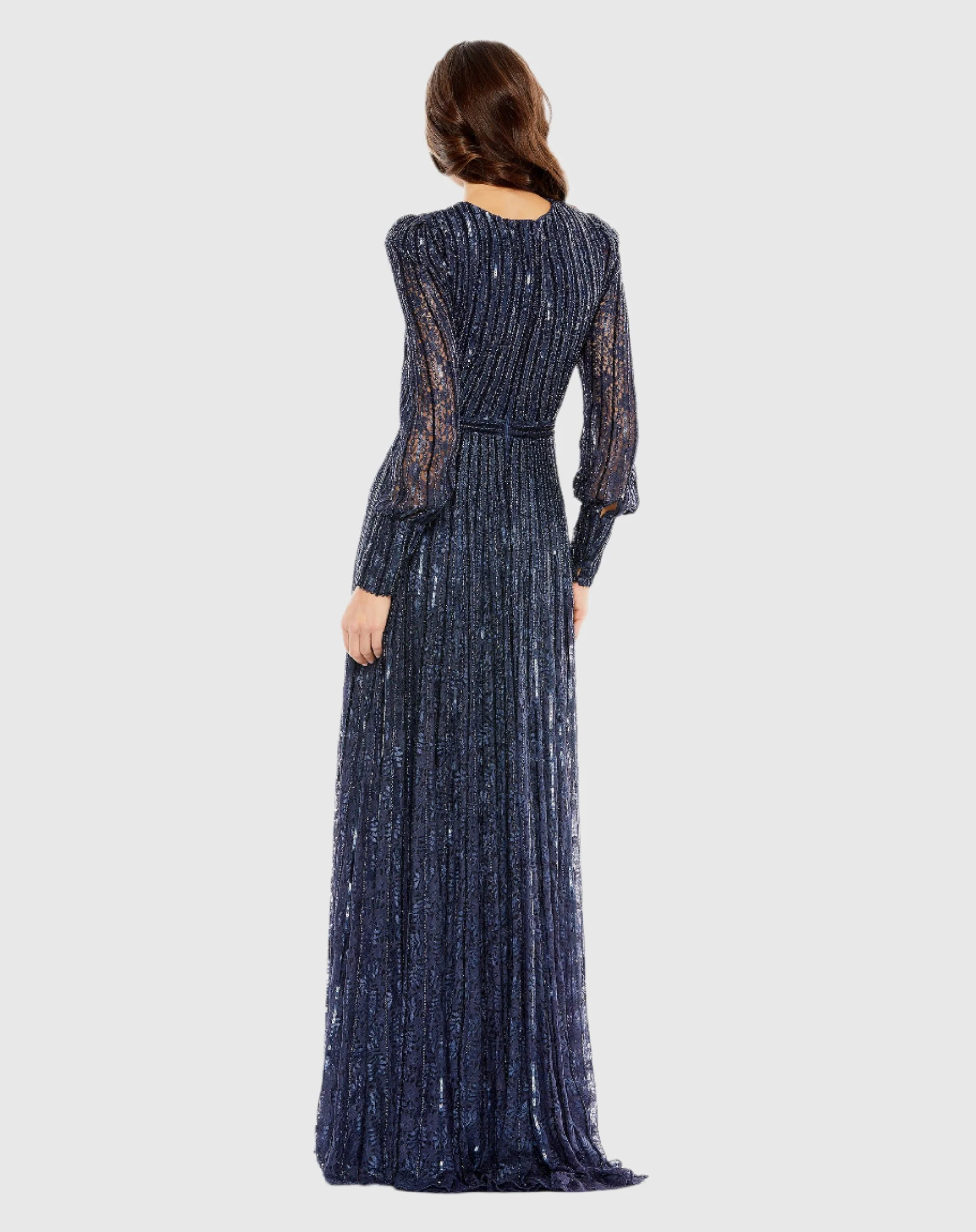 Blue Beaded Lace Long Sleeve Wrap Over Gown
