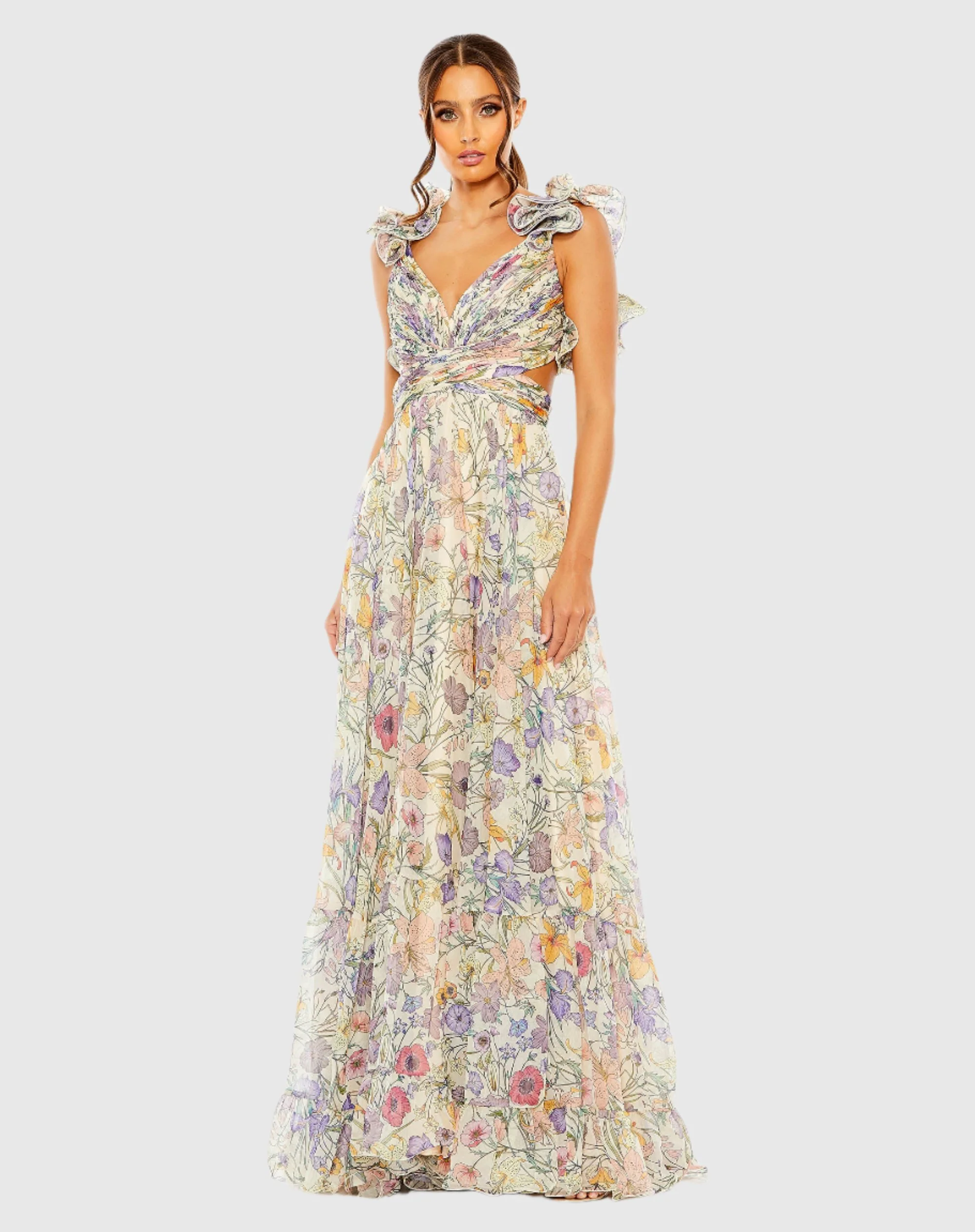 Floral Print Ruffle Tiered Cut-Out Chiffon Gown