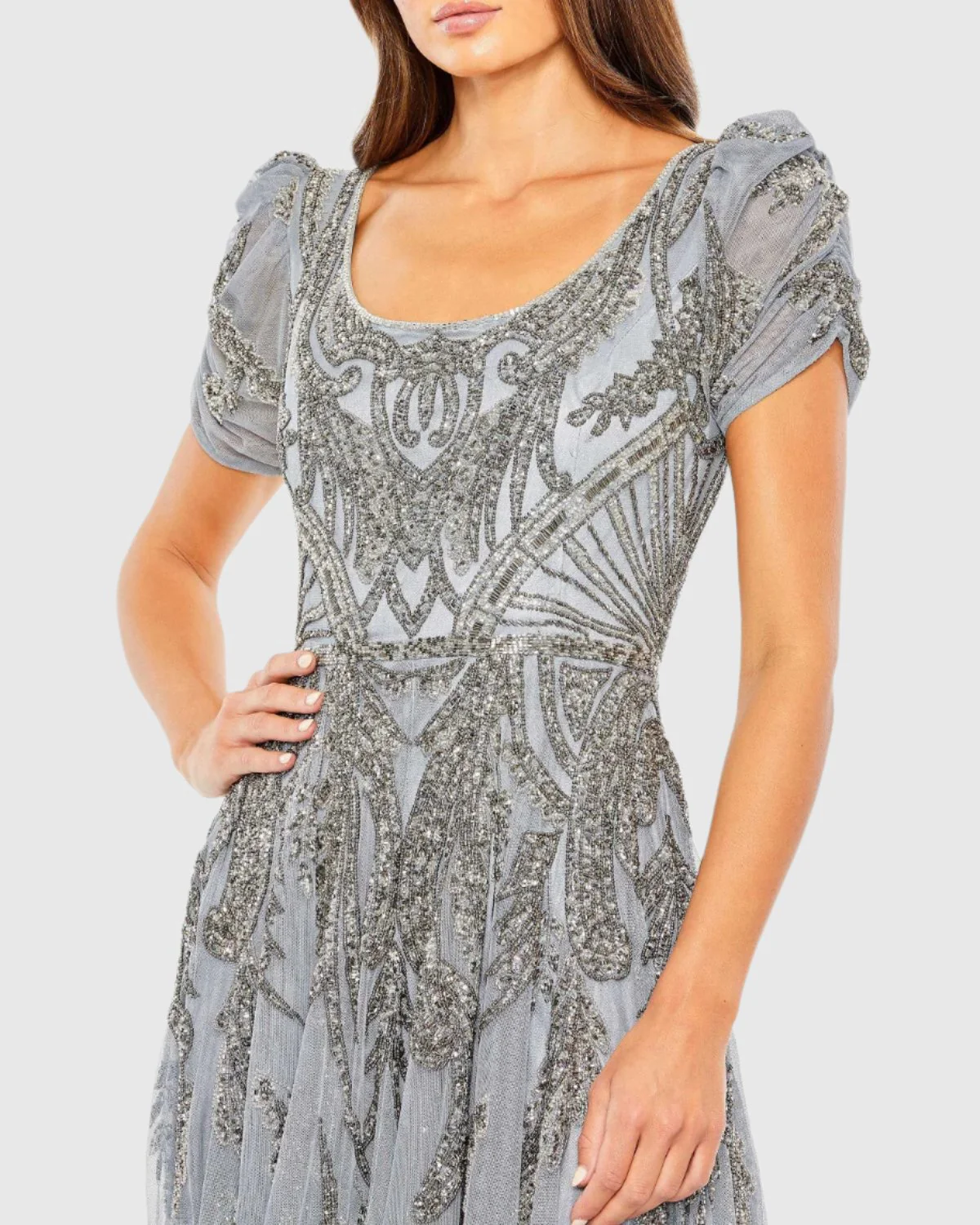 Silver Short Sleeve Beaded A-line Tea Length Dress