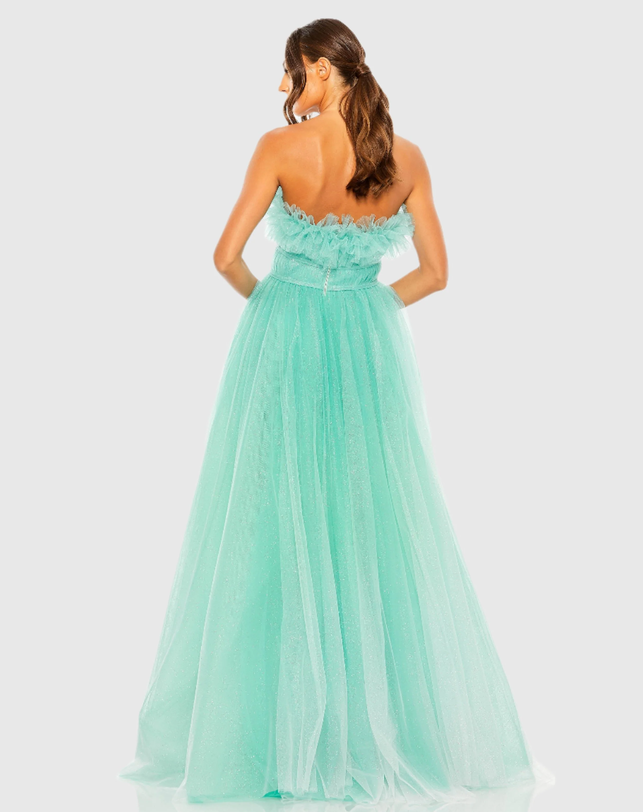 Green Strapless Glitter Tulle Gown