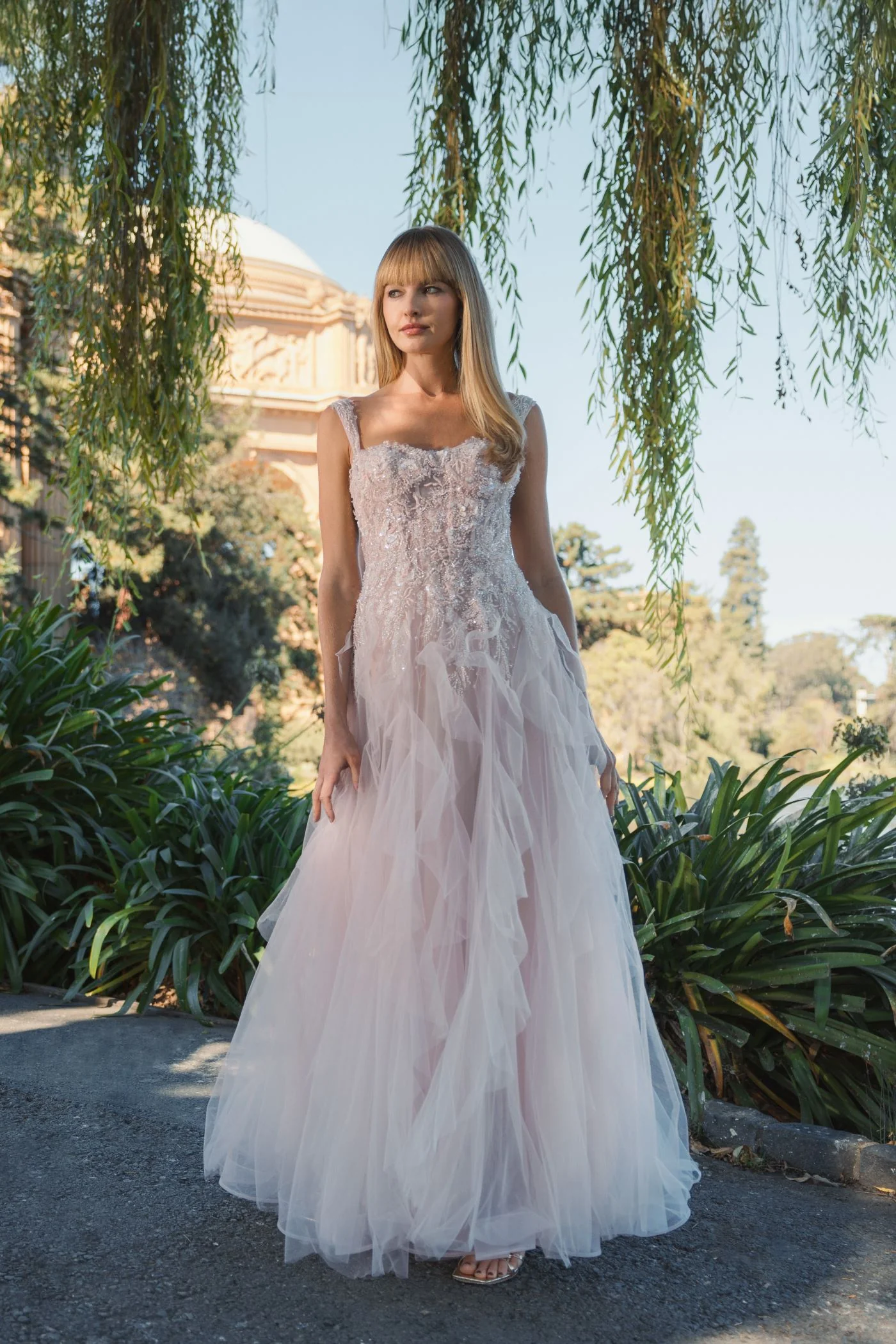 Pink Thin Strap Bustier Tulle Gown With Ruffle Skirt