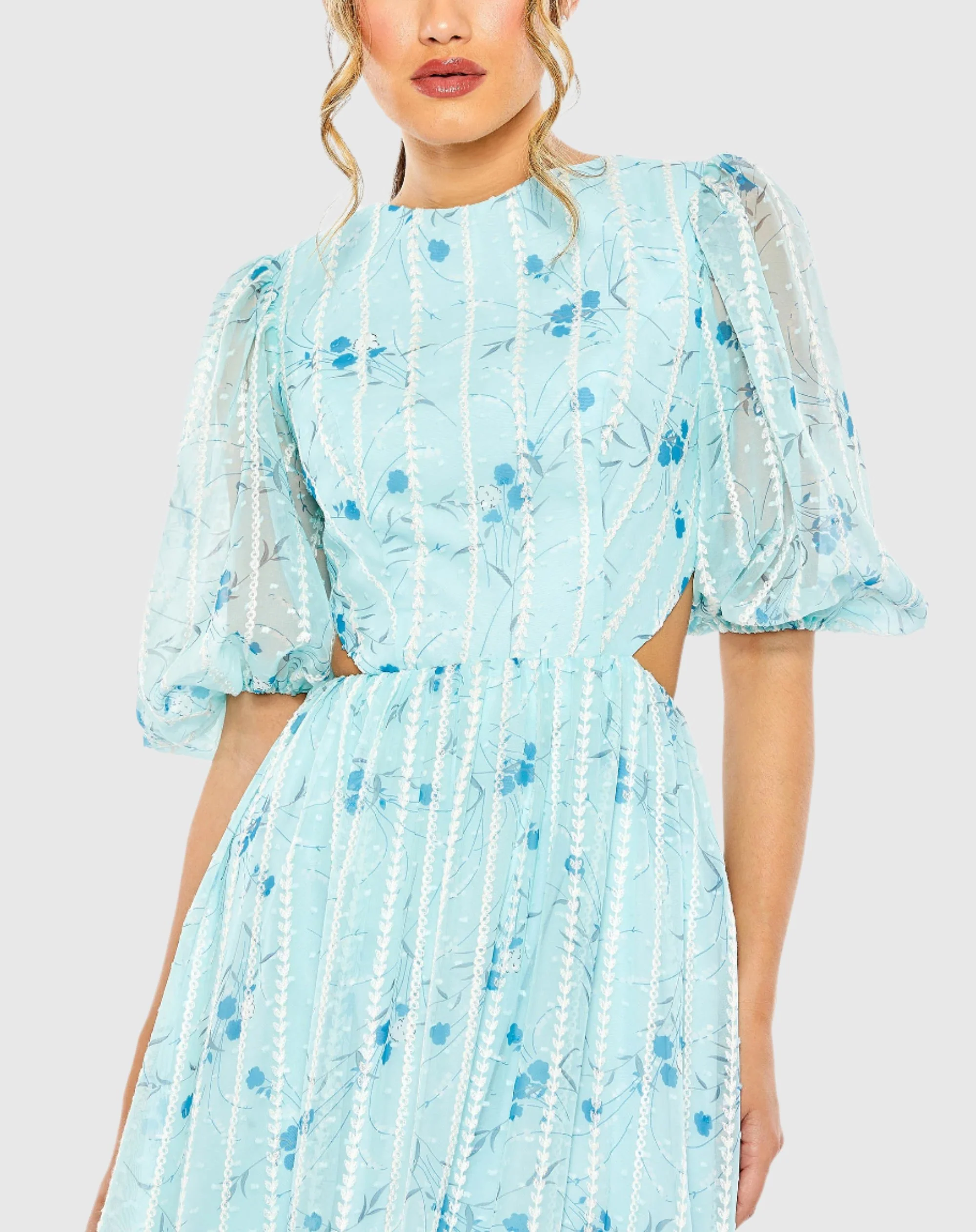 Lace Up Puff Sleeve Floral Dress