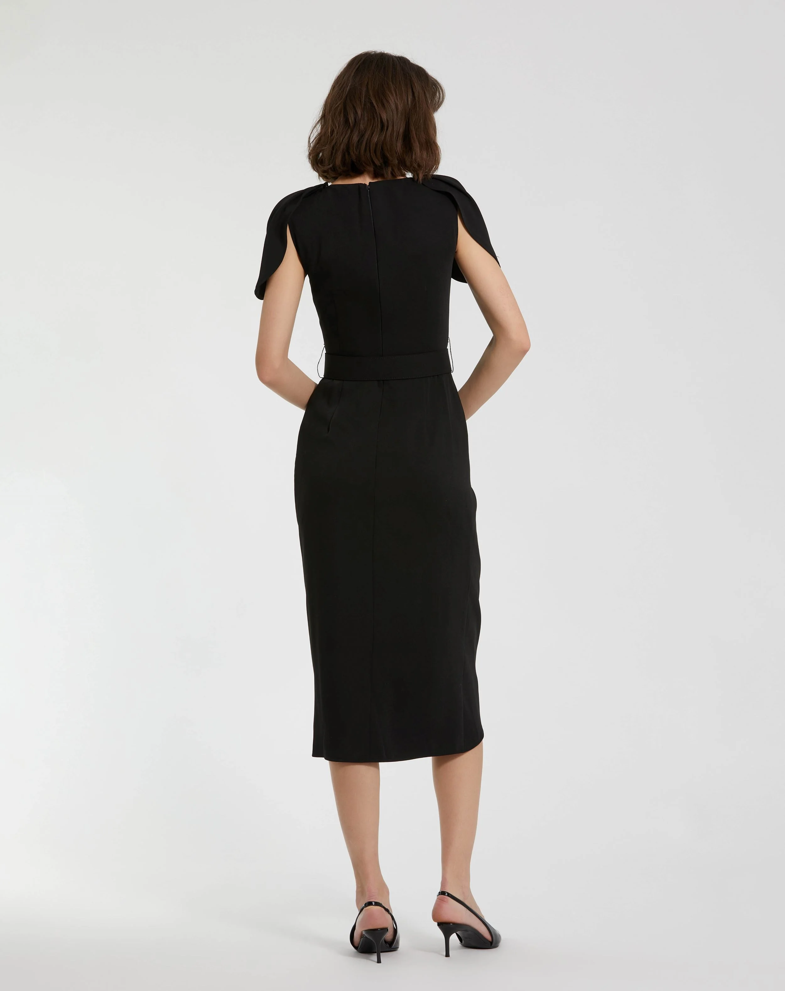Black Crepe Boat Neck Midi Tulip Dress With Belt