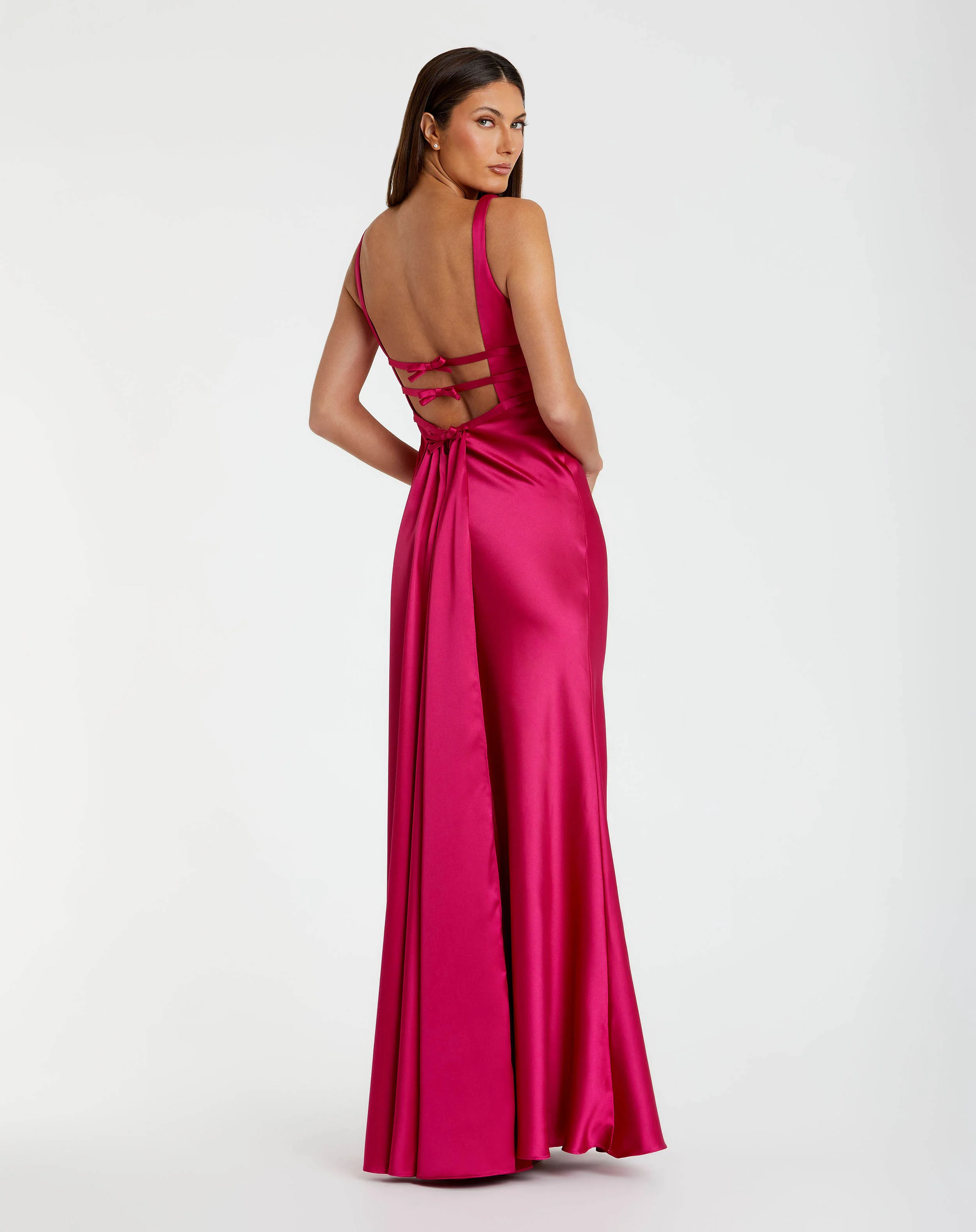 Purple Sleeveless V Neck Satin Gown With Bow Details