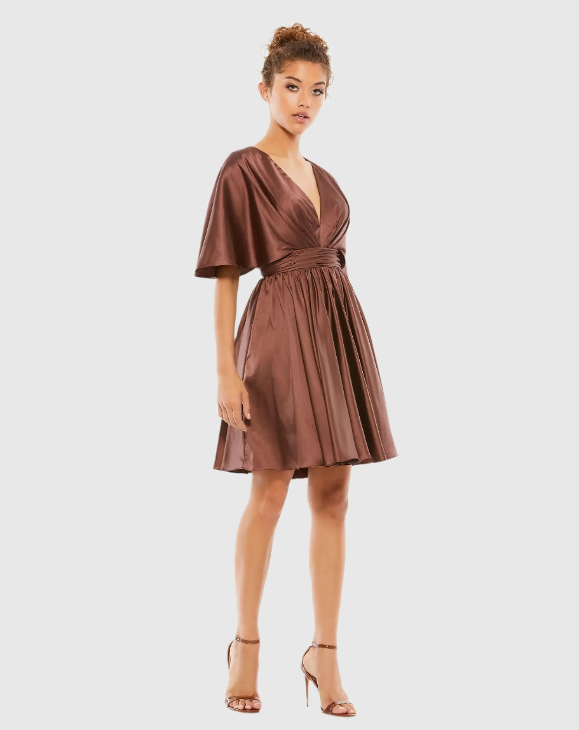 Brown Satin Flowy Cape Sleeve Mini Dress - FINAL SALE