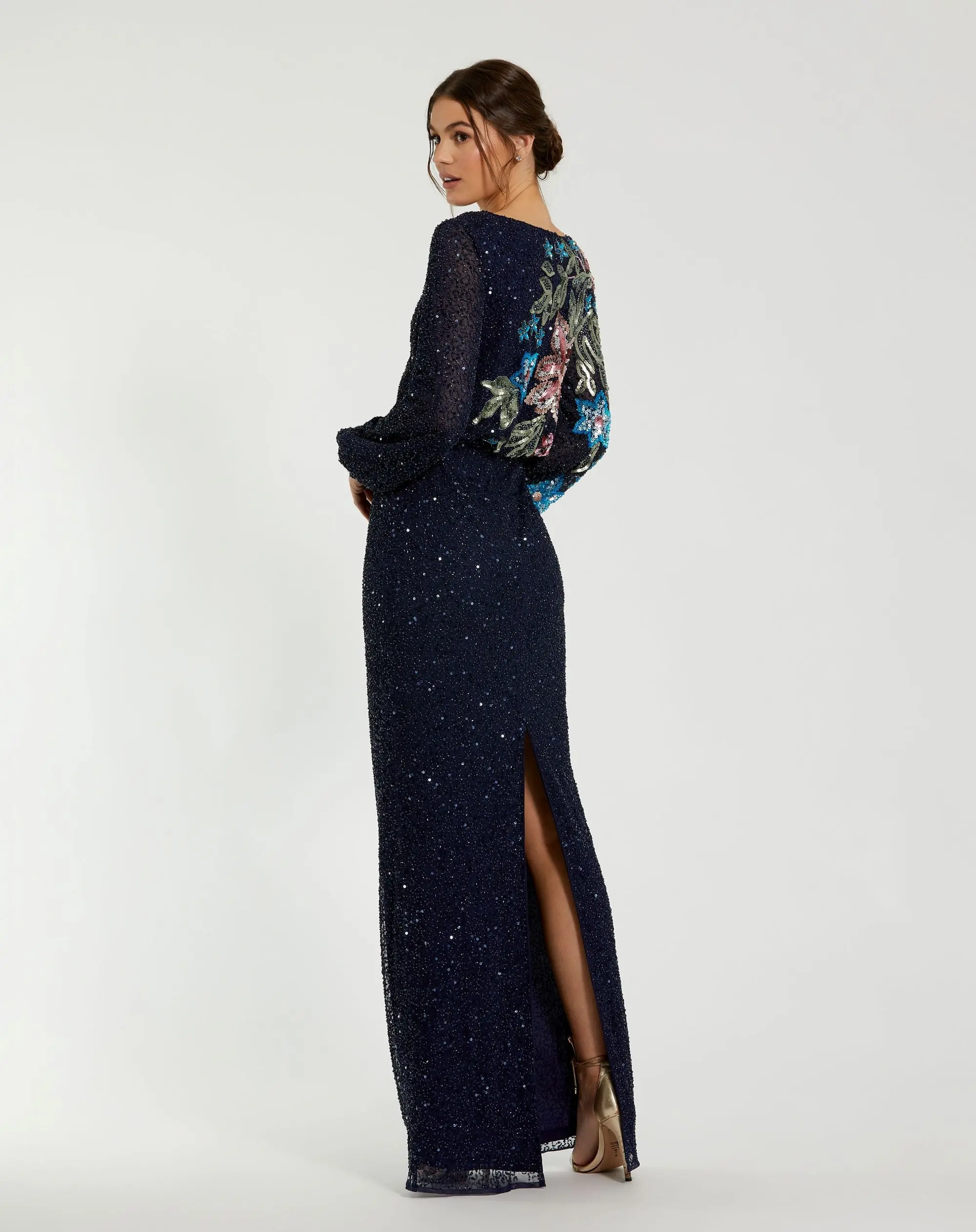 Blue Embellished Multi Color Floral High Neck Gown