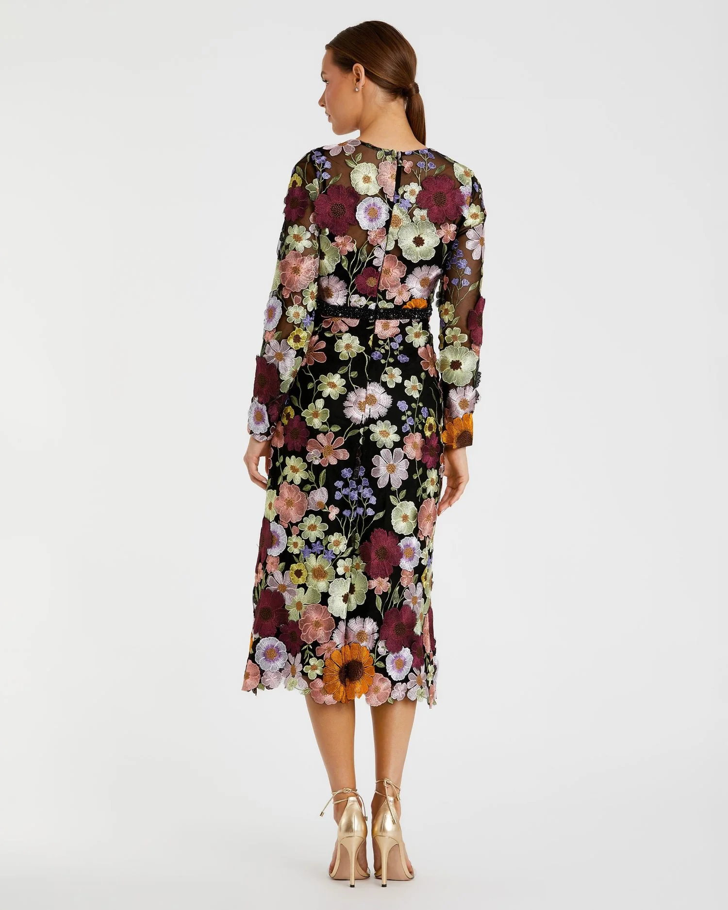 Black High Neck Floral Embroidered A-Line Dress