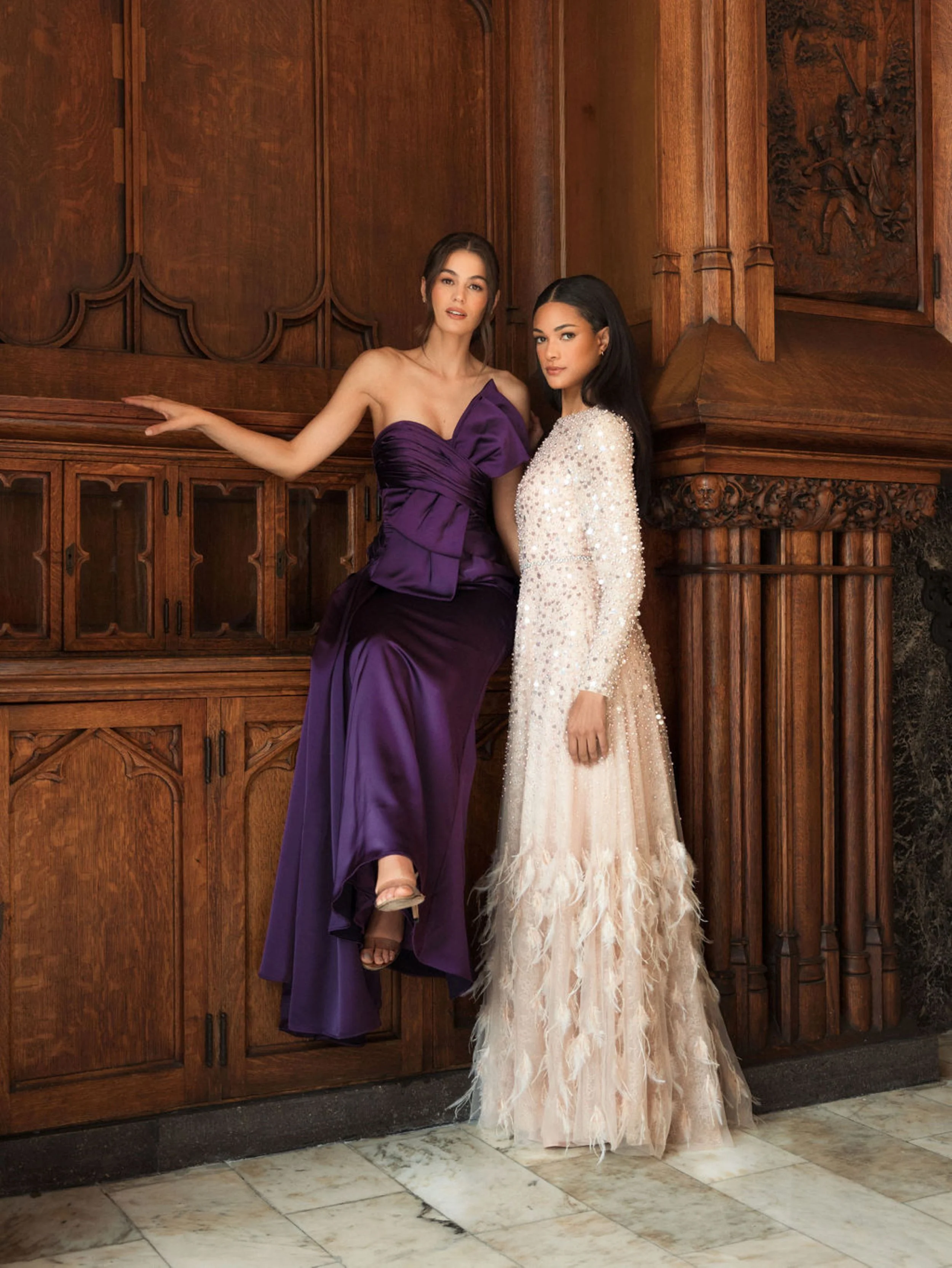 Pink Disc Embellished Sequin Gown with Feather Detail