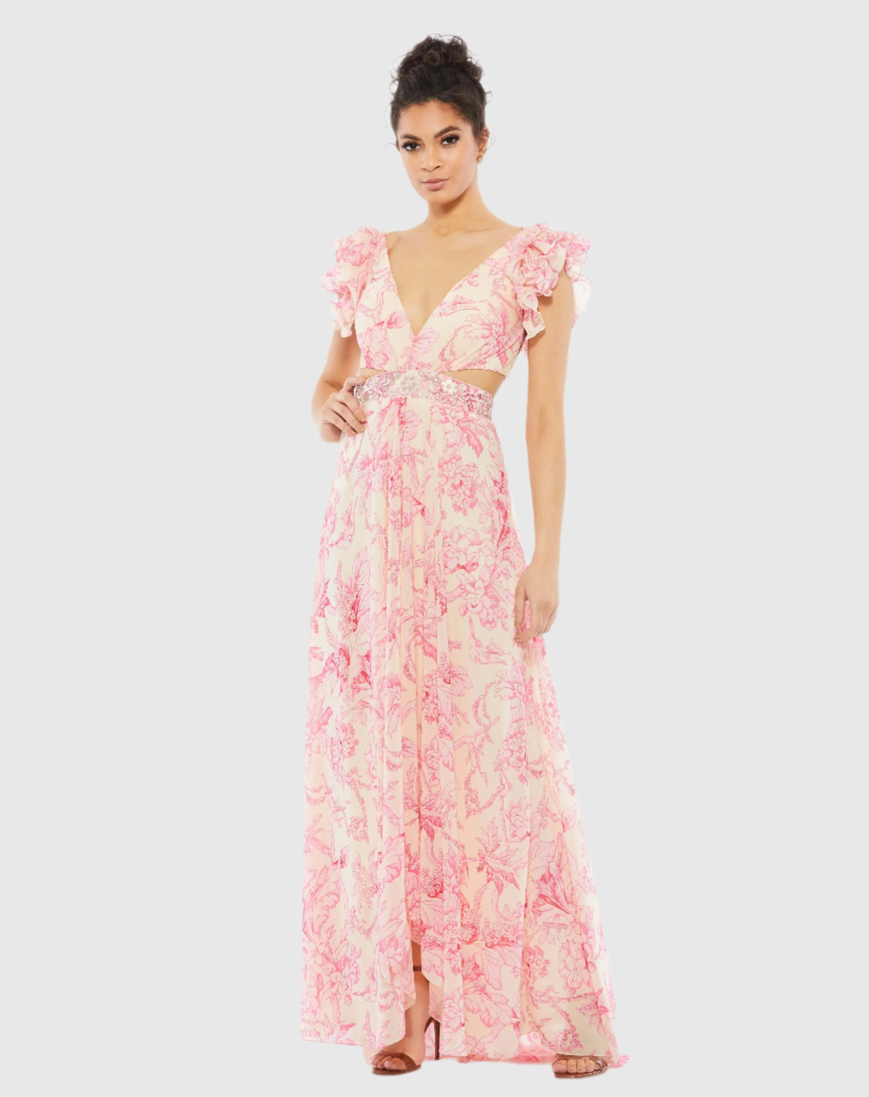 Floral Printed Ruffle Shoulder Lace Up Gown