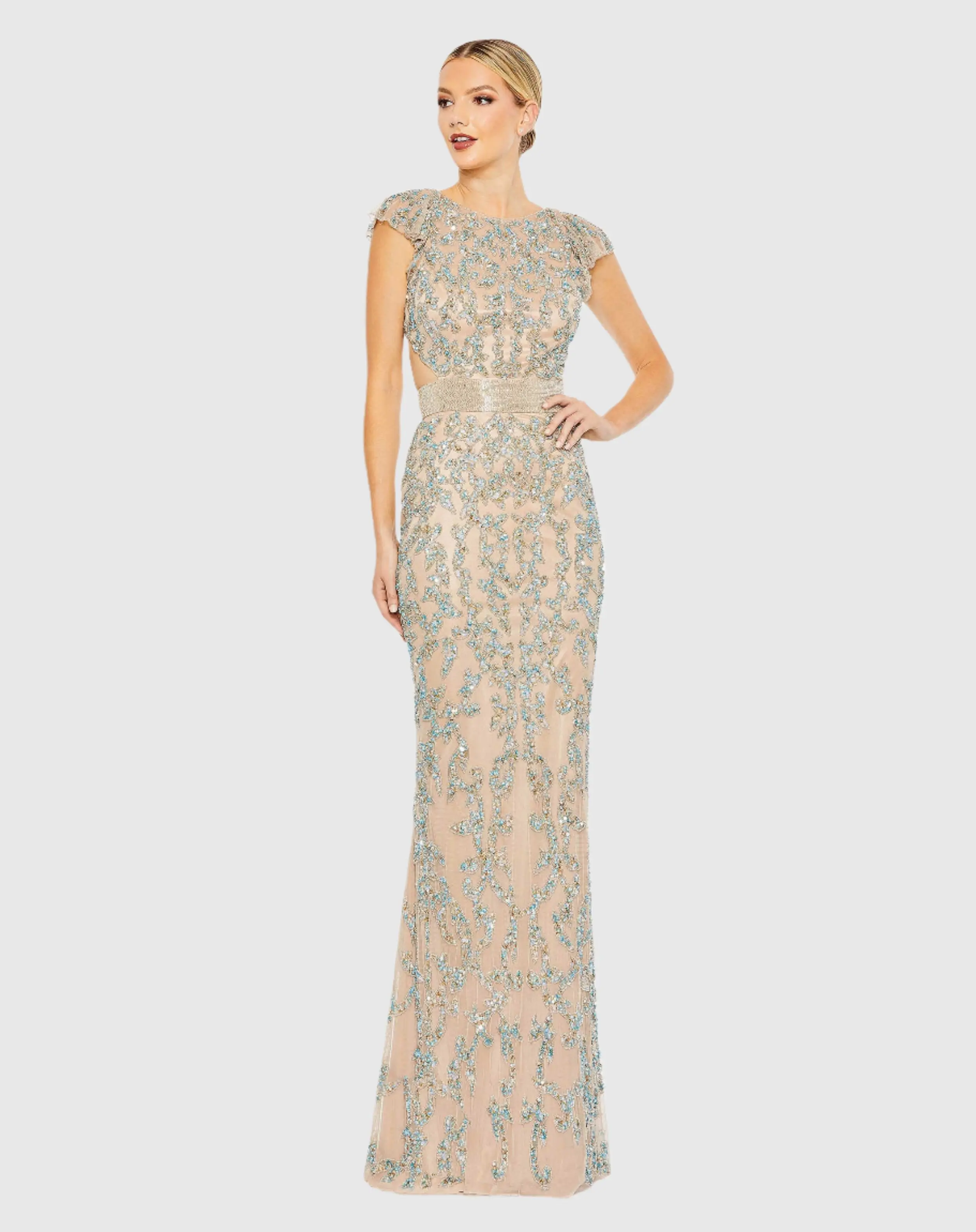 Damask Sequin Embellished Open Back Lace Up Cap Sleeve Gown