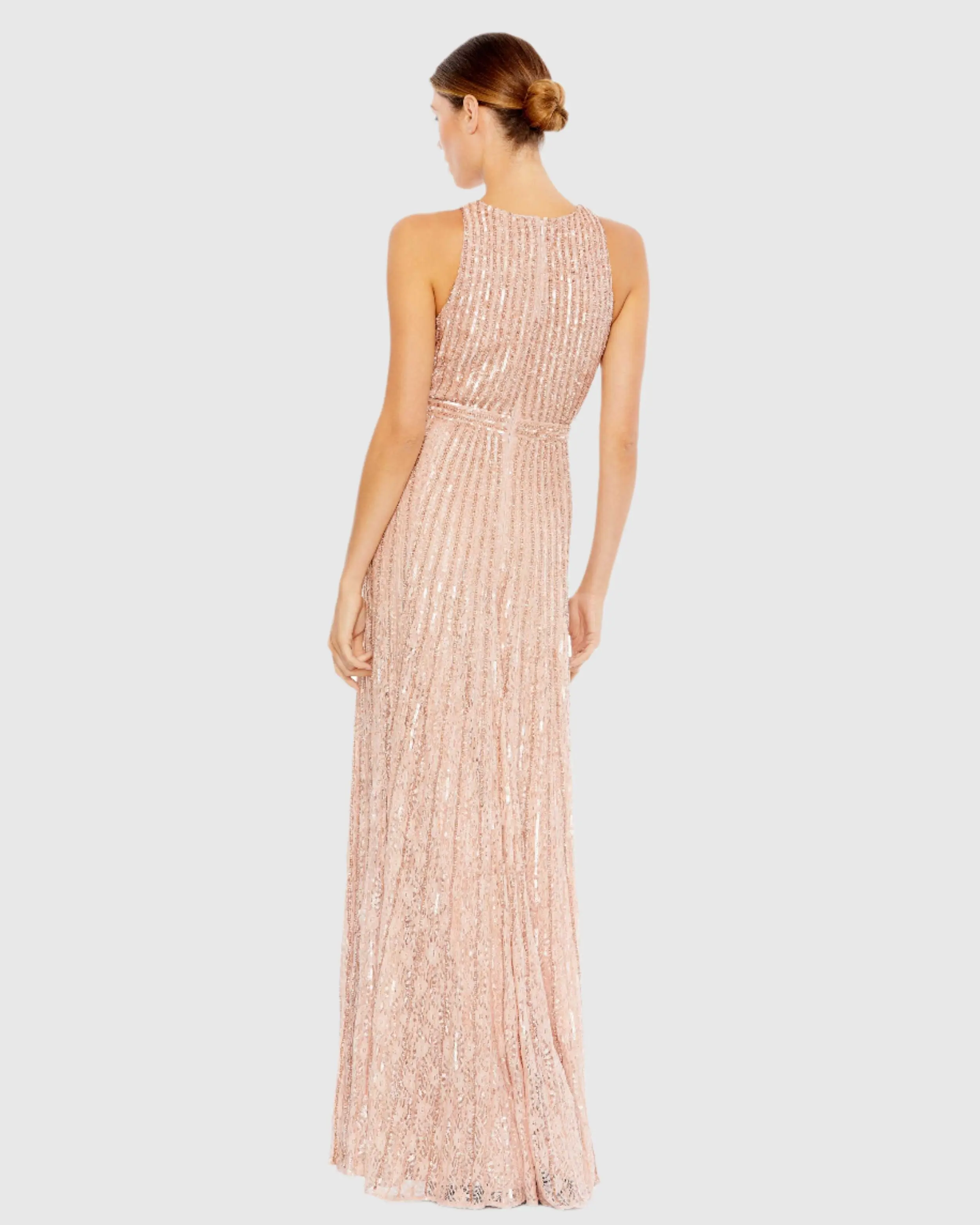 Pink Sequined Sleeveless Plunge Neck Flowy Gown