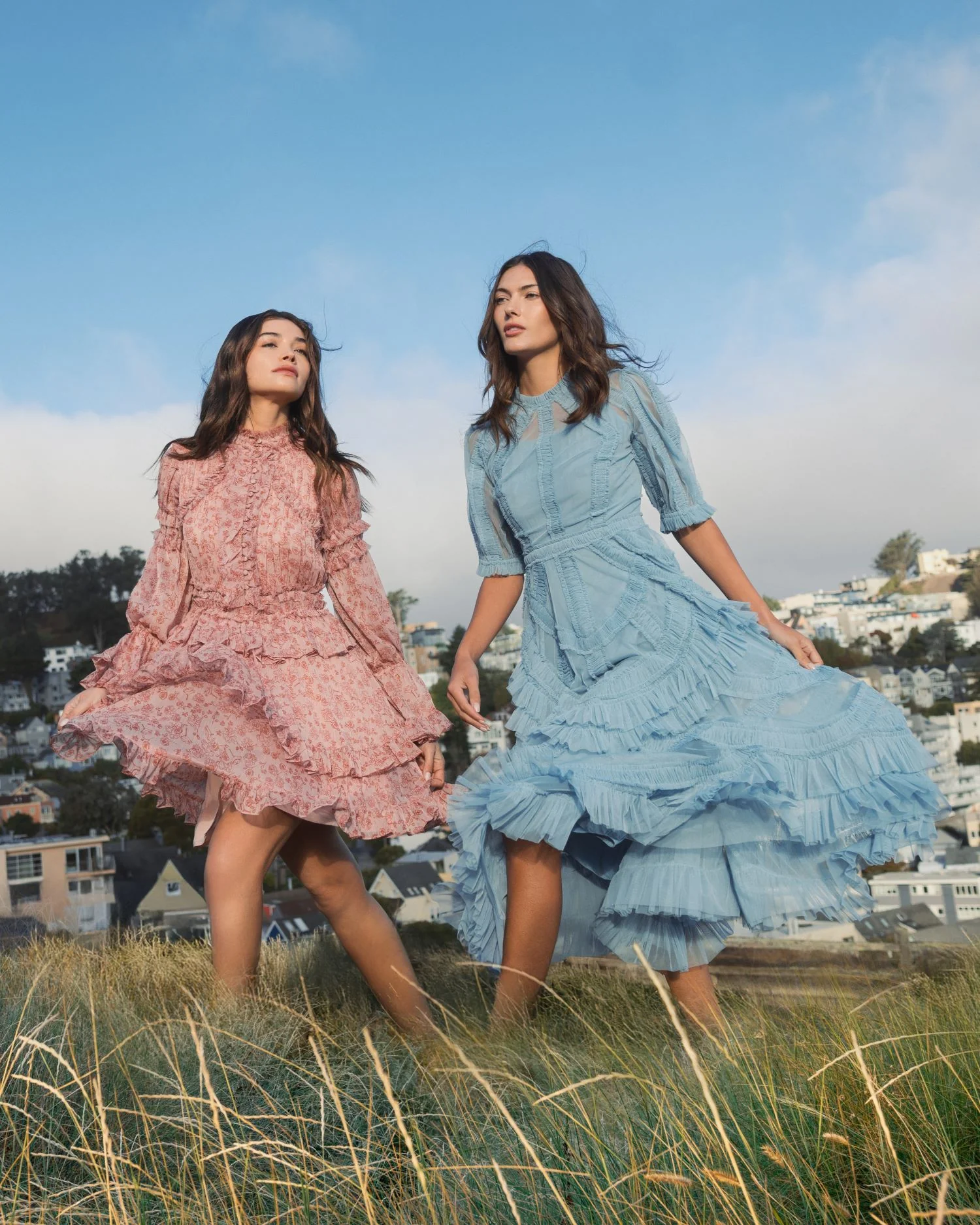 Blue High Neck Micro Ruffle Tiered Midi Dress