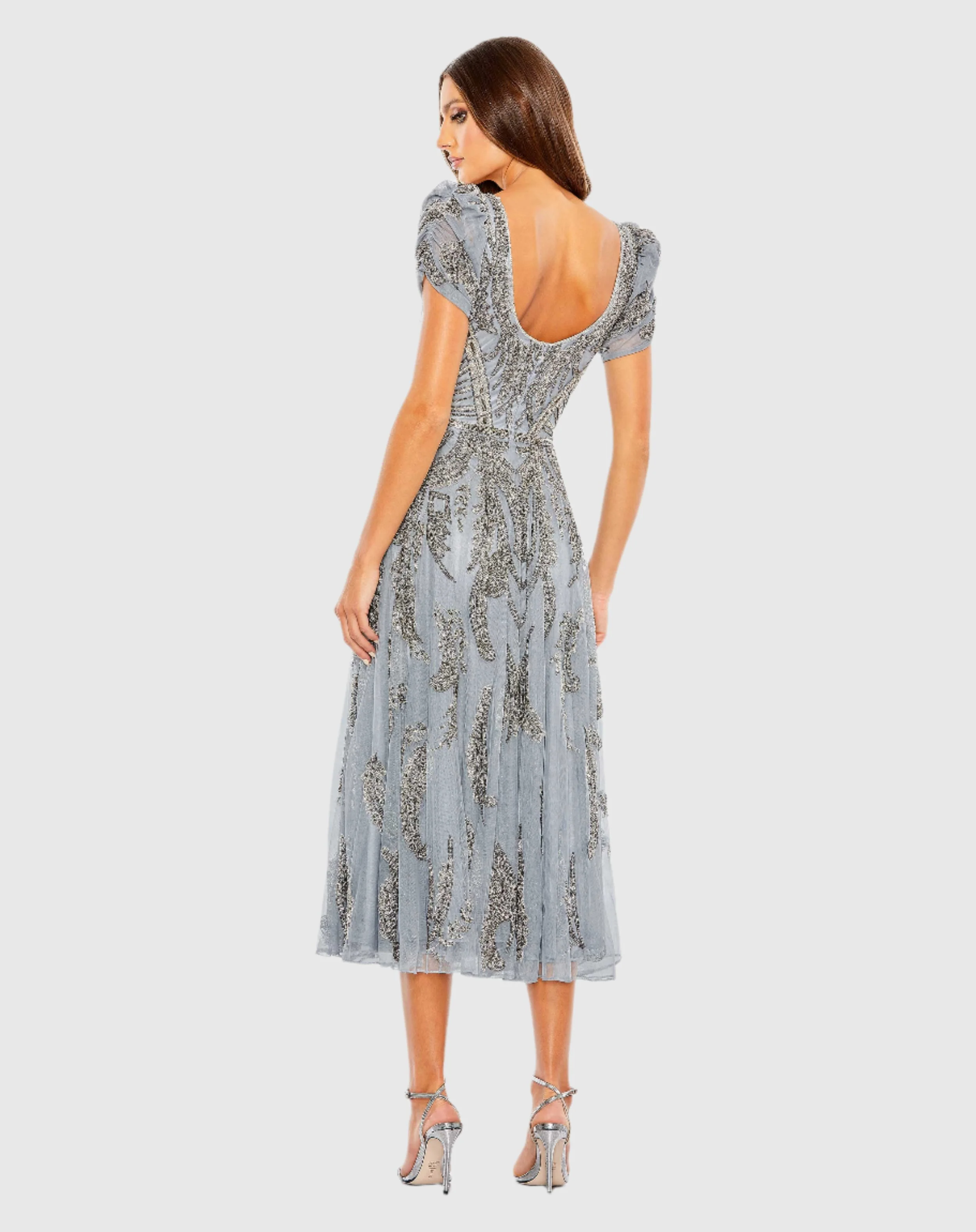 Silver Short Sleeve Beaded A-line Tea Length Dress