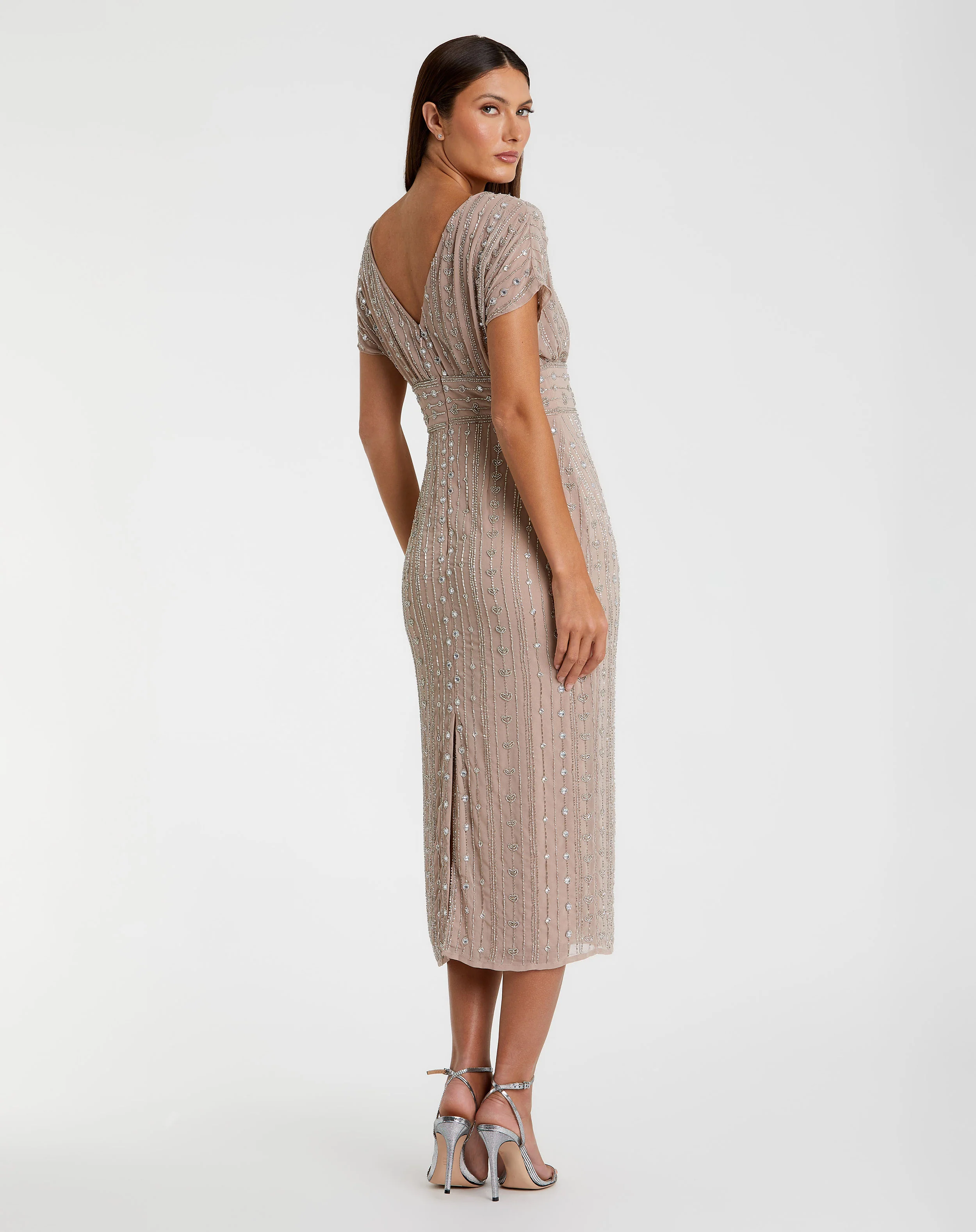 Beige Beaded Cap Sleeve Column Midi Dress