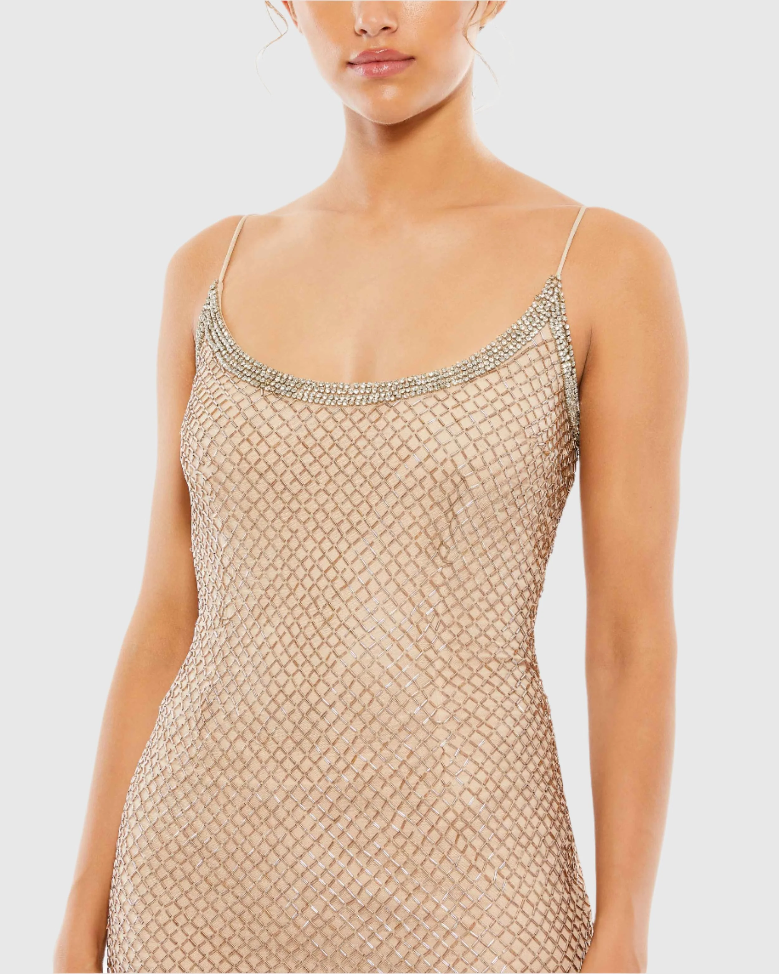 Beige Beaded Spaghetti Strap Column Gown