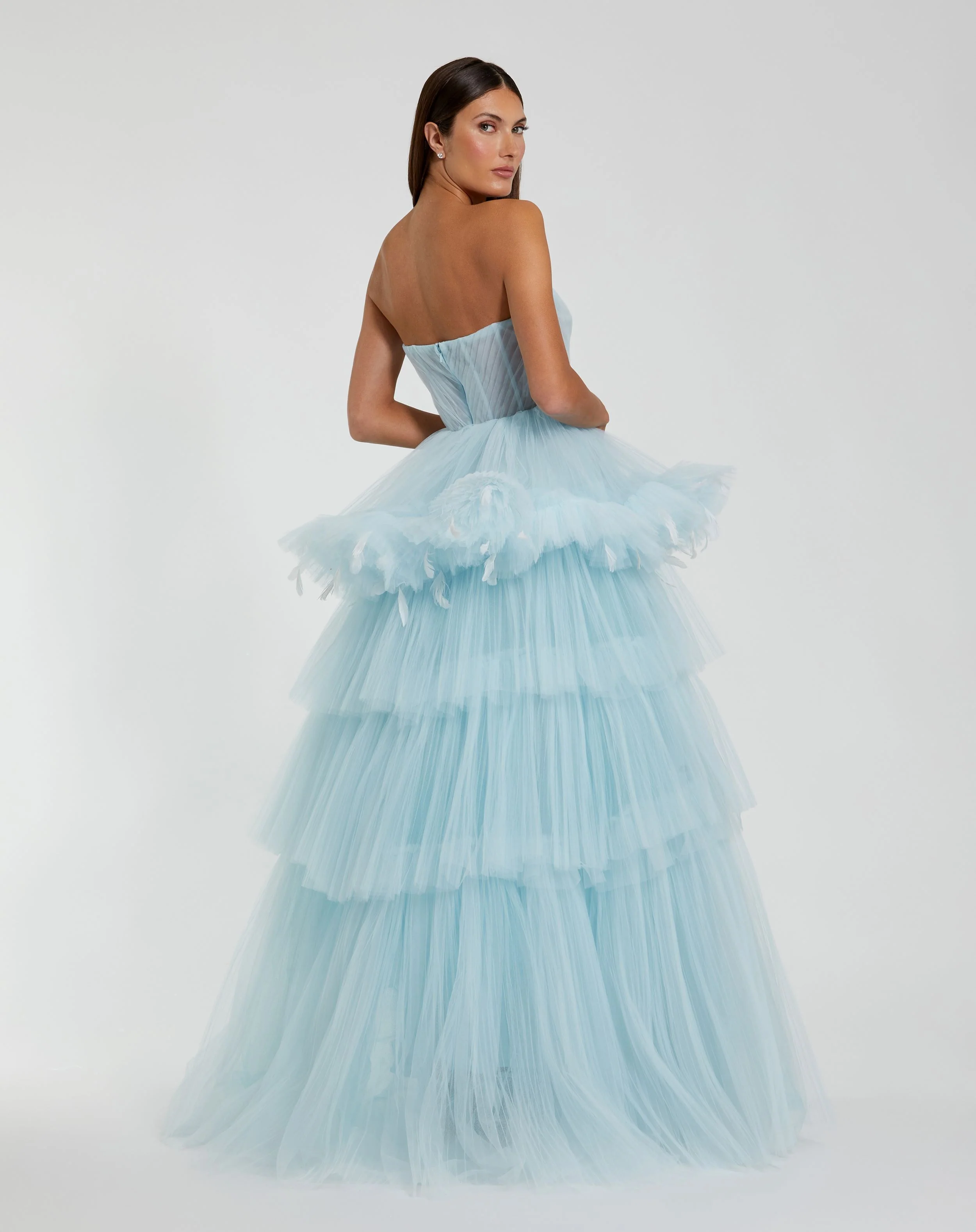 Blue Strapless Tulle Gown with Feather Detail