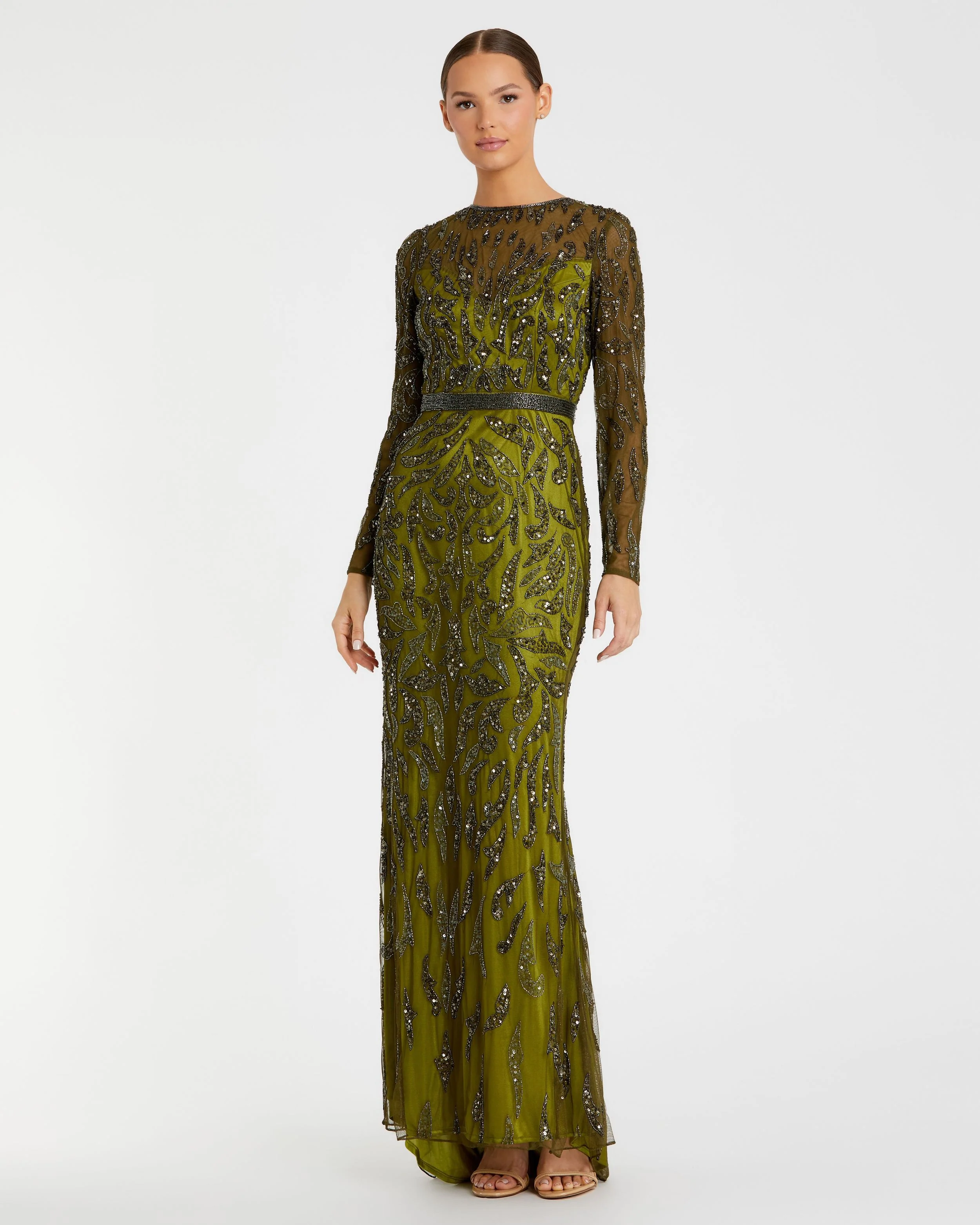 Green Beaded Long Sleeve Evening Gown