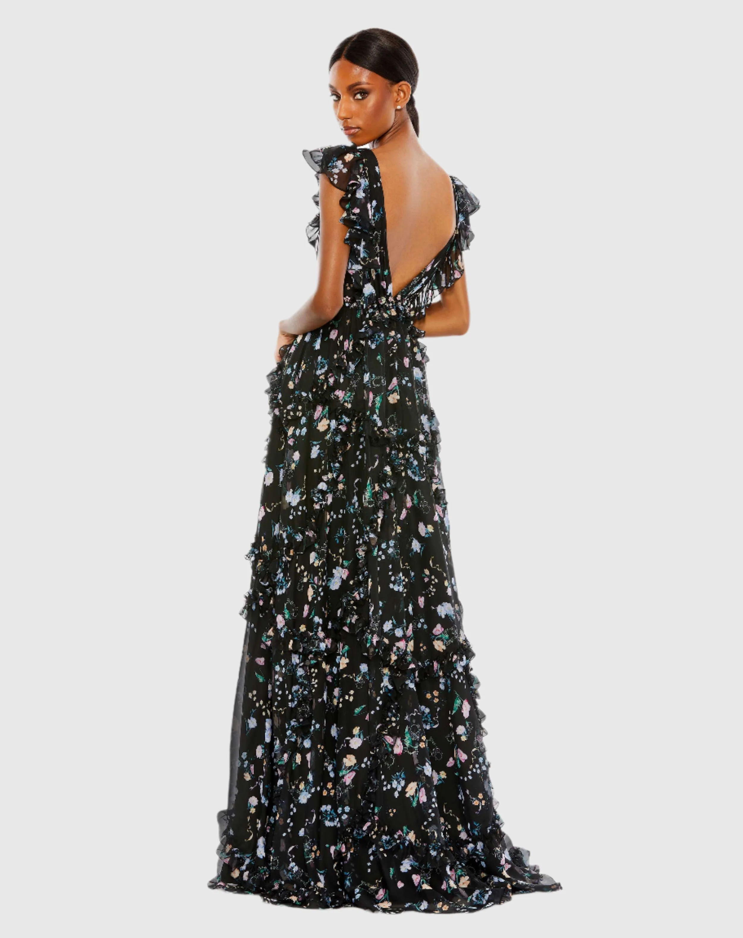 Black Multicolor Ruffled Floral Print Cap Sleeve Gown