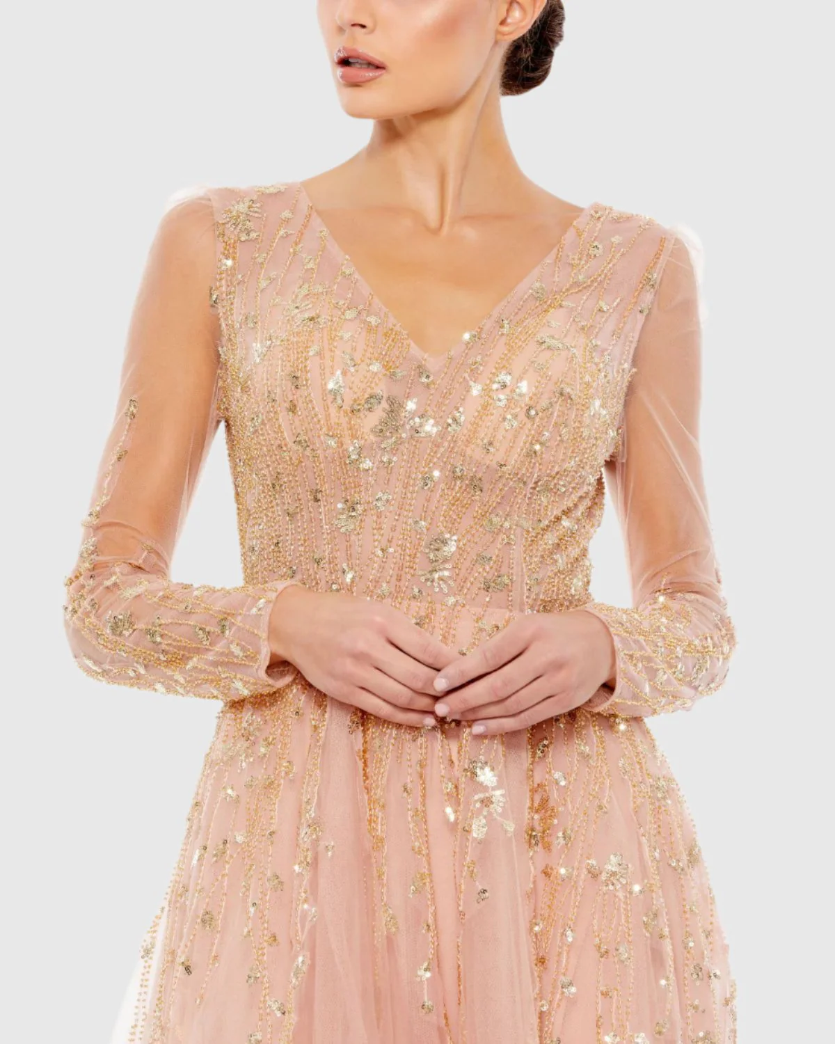 Pink Embellished V Neck Long Sleeve A Line Gown