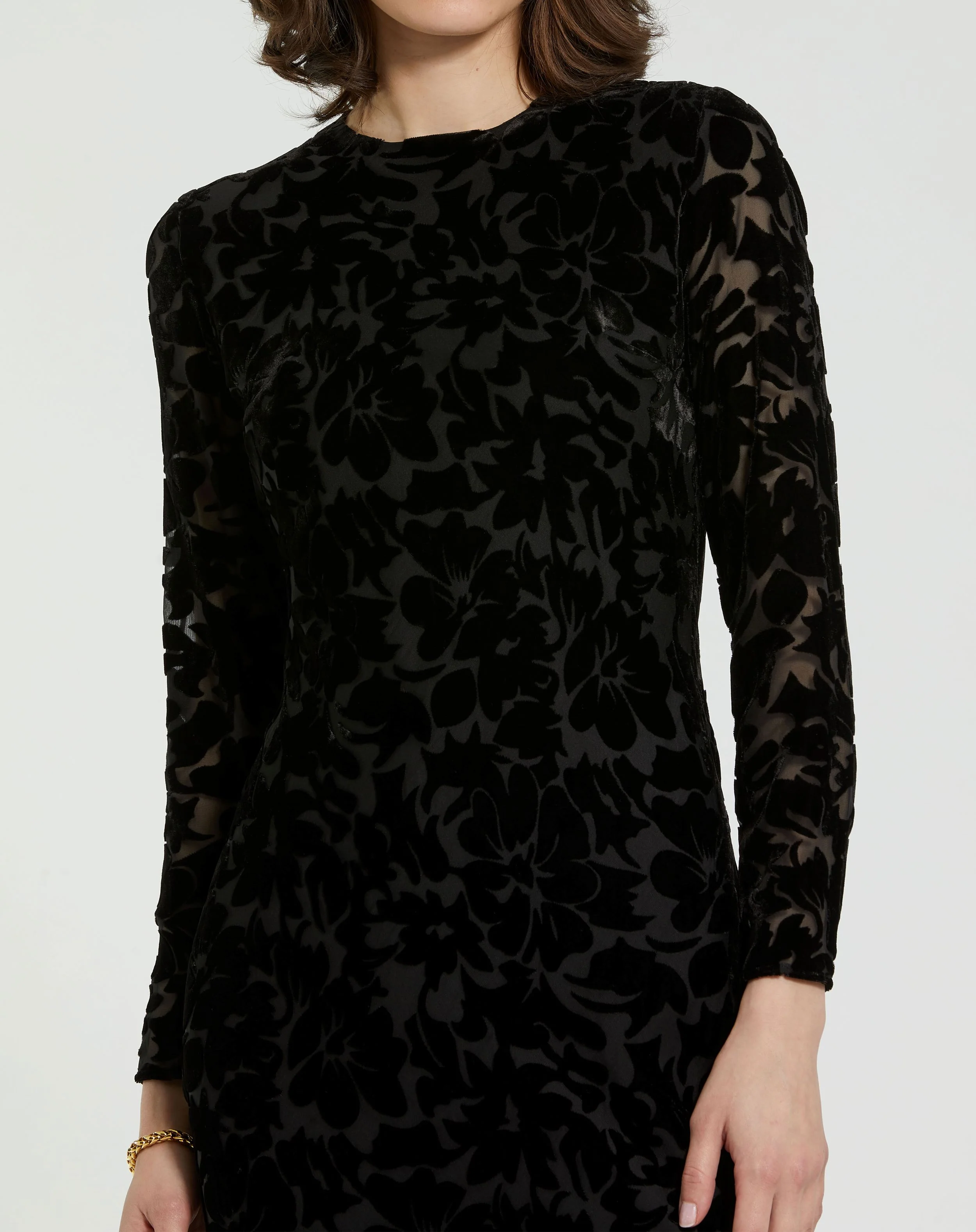 Black Burnout Velvet Long Sleeve Ruffle Hem Midi Dress