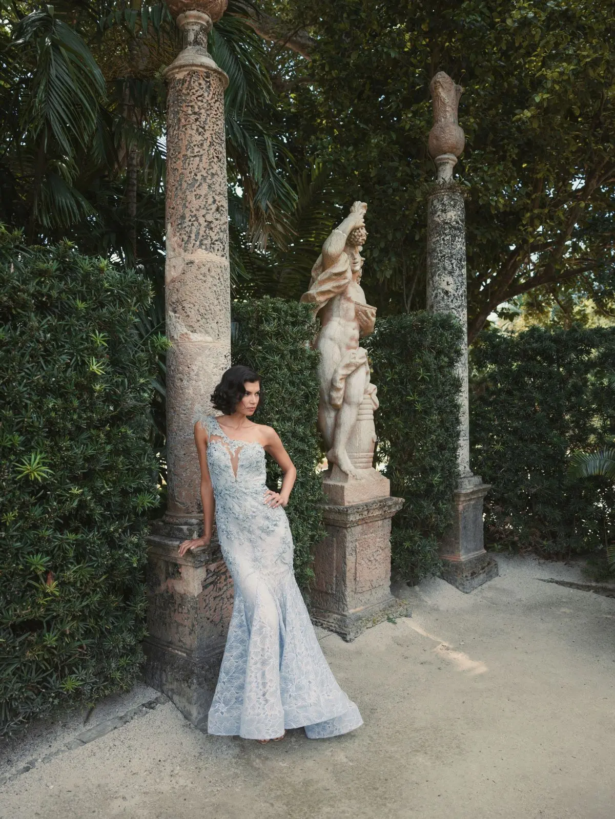 Blue Embroidered Applique Feathered One Shoulder Trumpet Gown