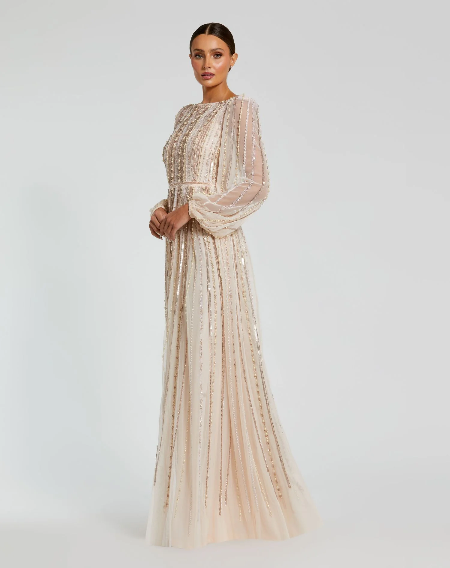 Pink Boat Neck Long Sleeve Gown With Striped Beading