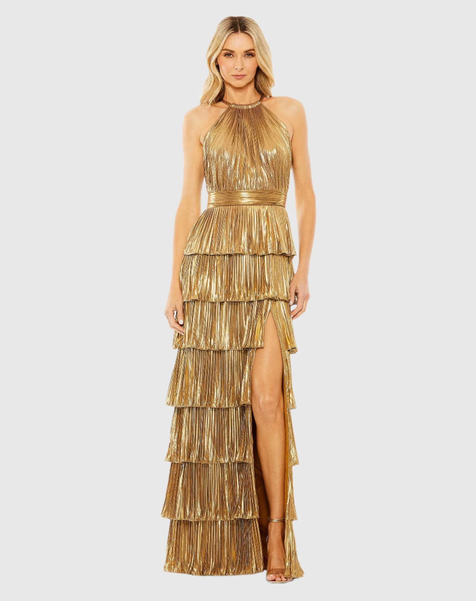 Gold High Neck Pleated Tiered Ruffle Metallic Gown