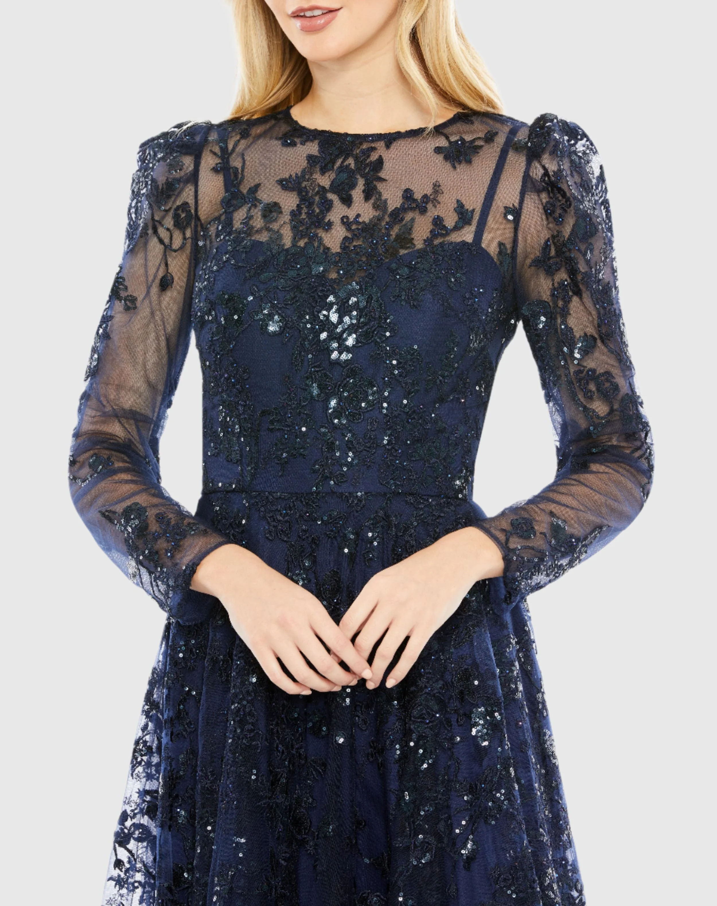 Navy Embroidered Illusion High Neck A Line Dress