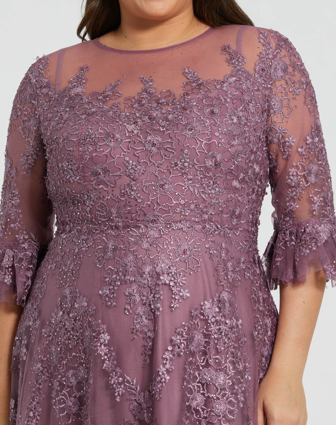 Purple High Neck Flutter Sleeve Embroidered A Line Gown