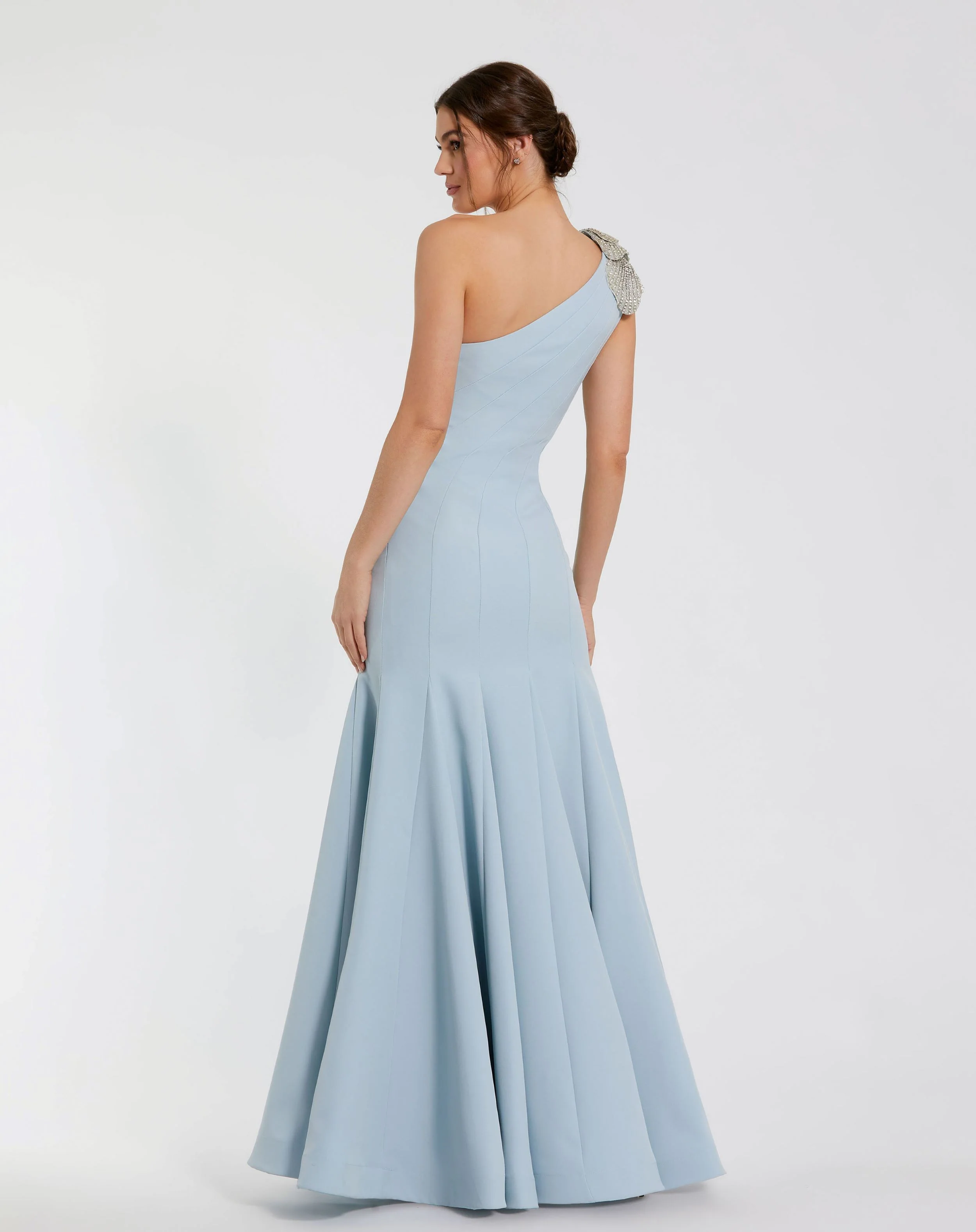 Blue Crepe One Shoulder Gown With Crystal Flower