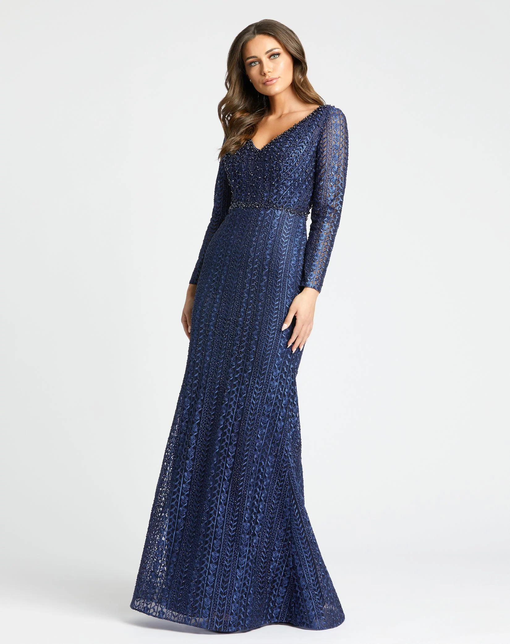 Navy Embroidered Long Sleeve V Neck Trumpet Gown