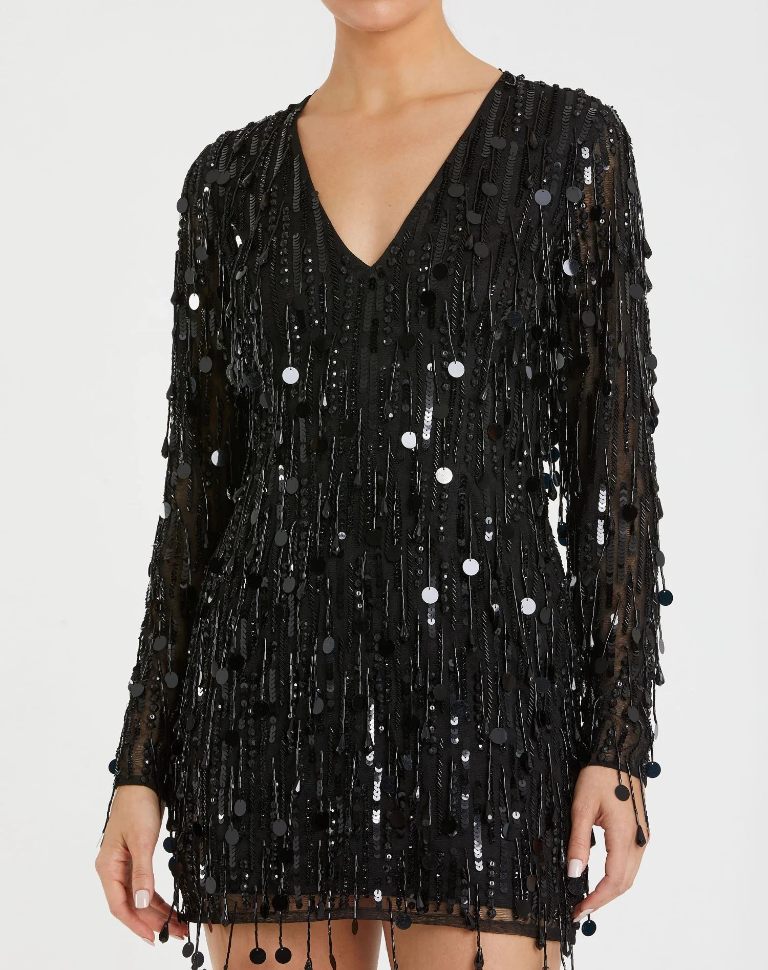 Black Long Sleeve Beaded Fringe Plunge Neck Dress