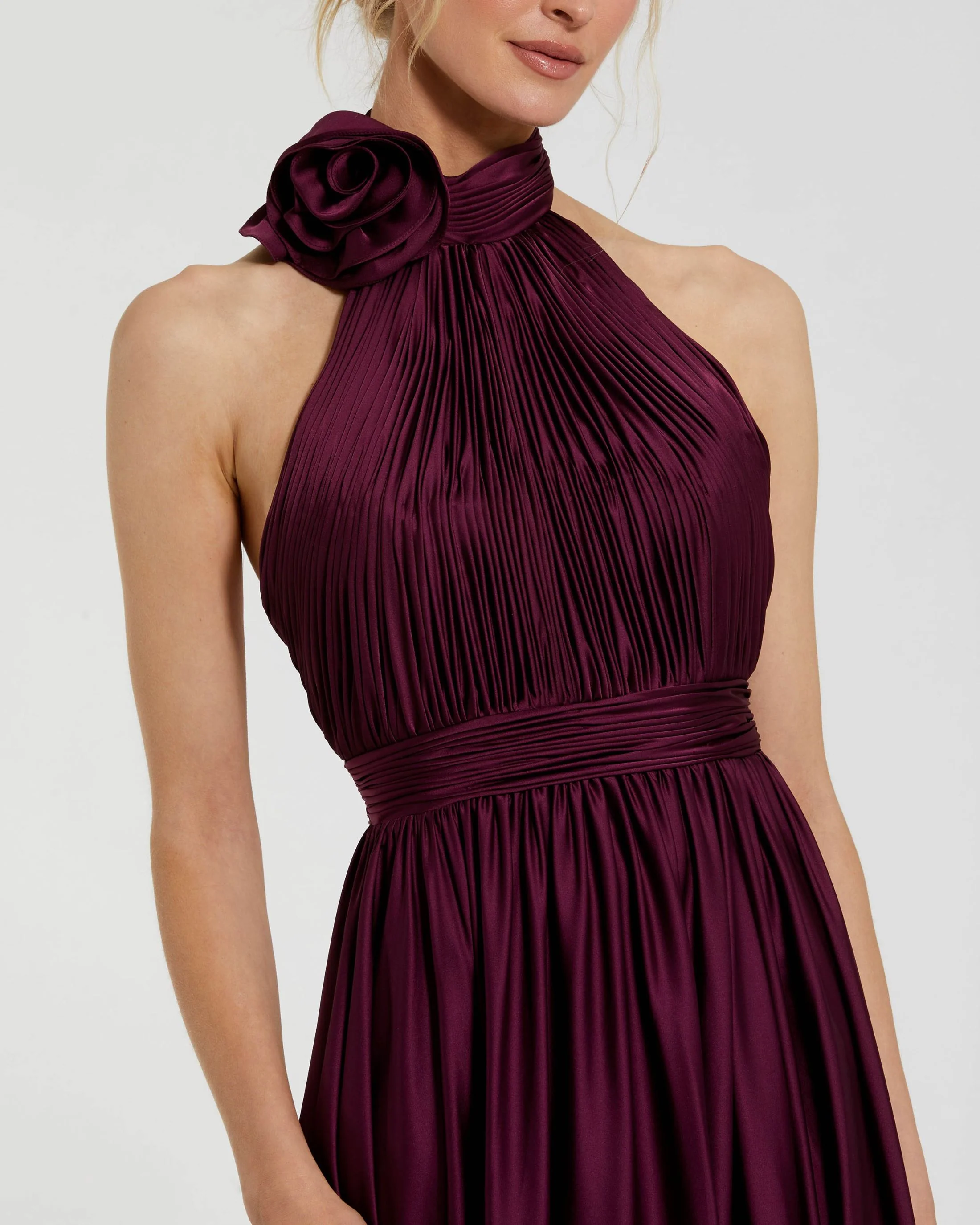 Purple Soft Tie Halter Neck High Slit Gown