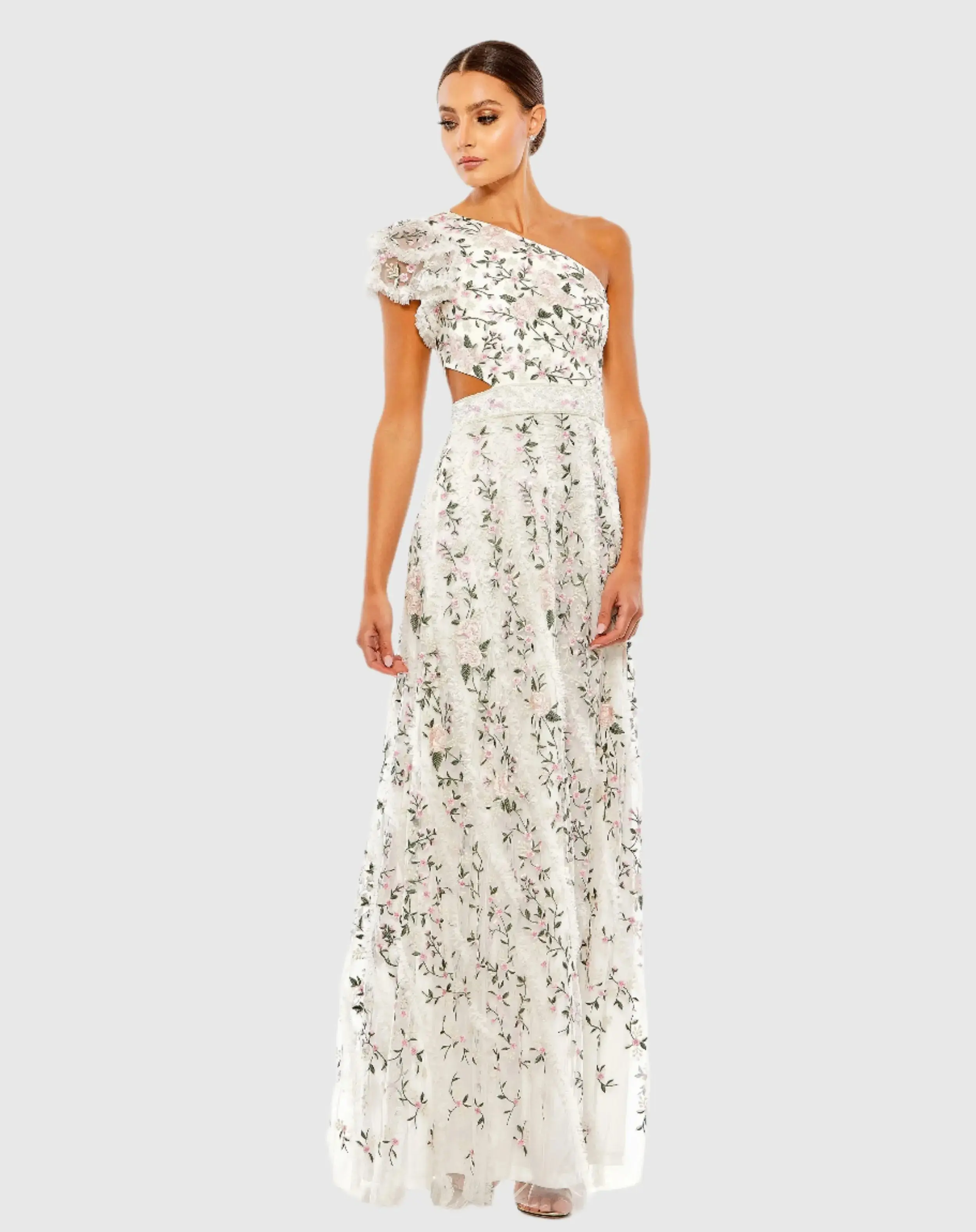 White Multicolor Embroidered Ruffled One Shoulder Lace Up Gown