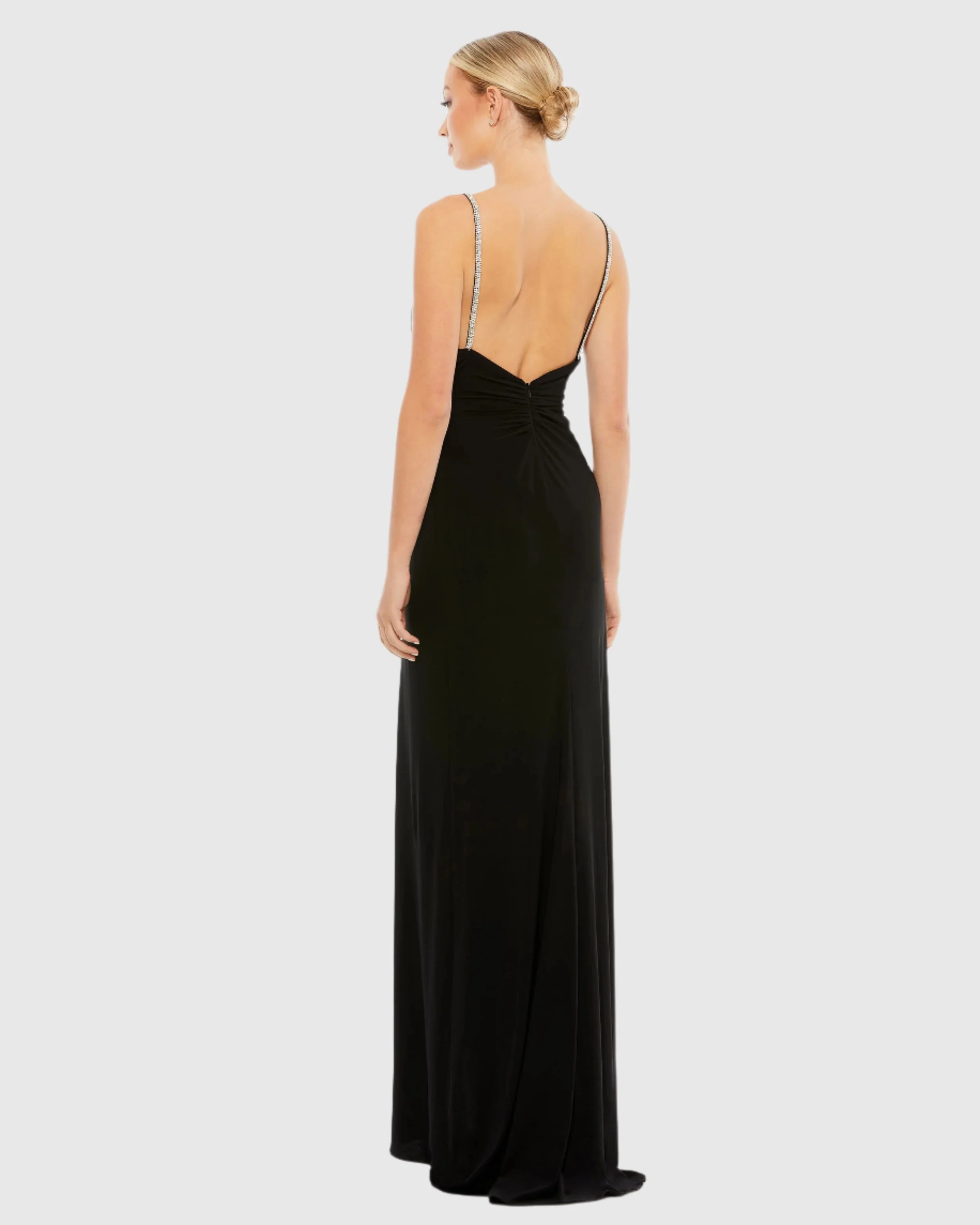 Black Faux Wrap V Neck Open Back Gown - FINAL SALE
