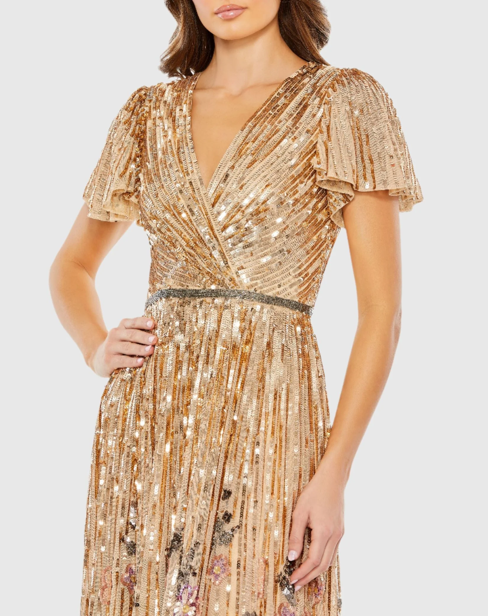Gold Flounce Sleeve V Neck Gown