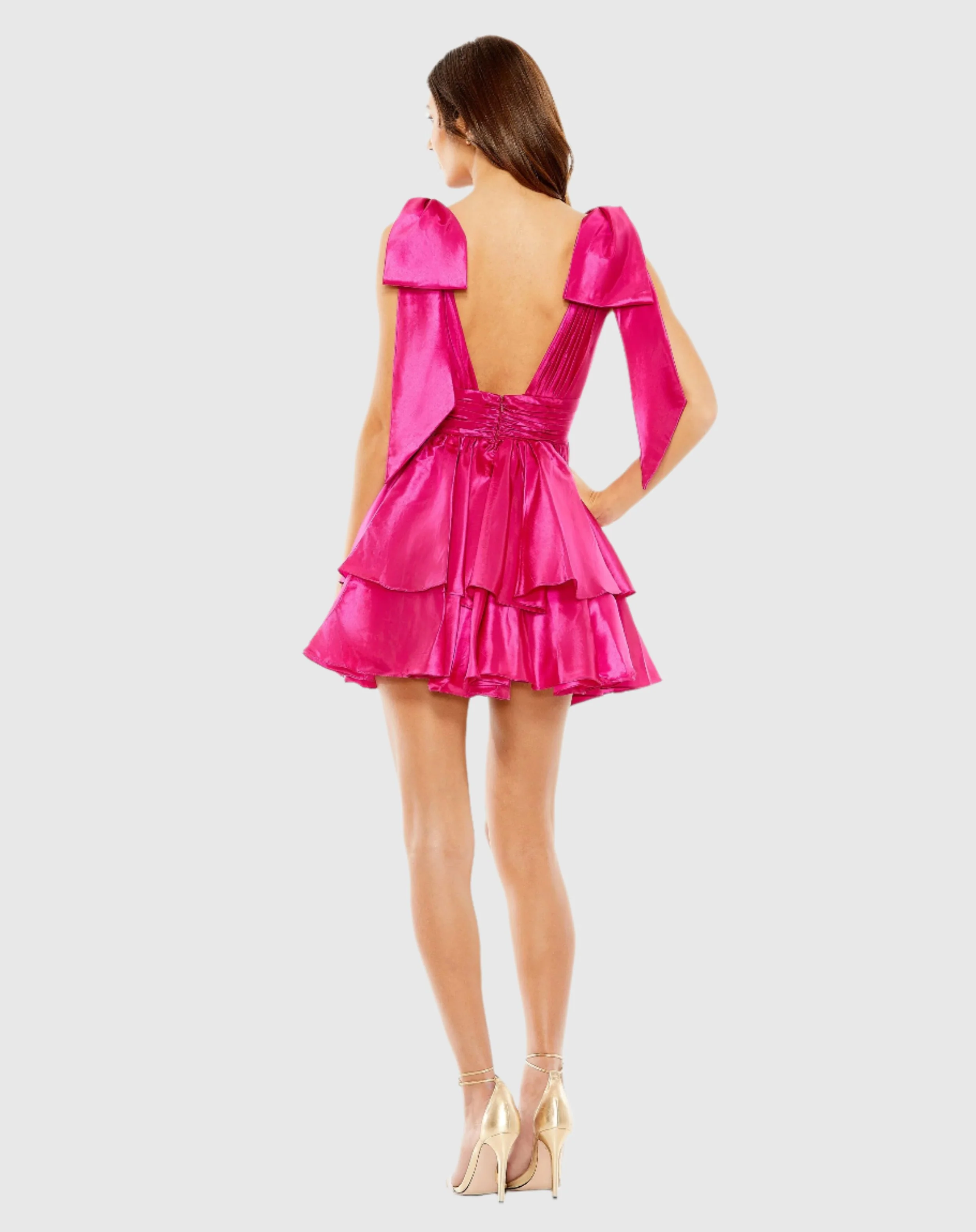 Pink Oversized Bow Deep V Ruffle Mini Dress