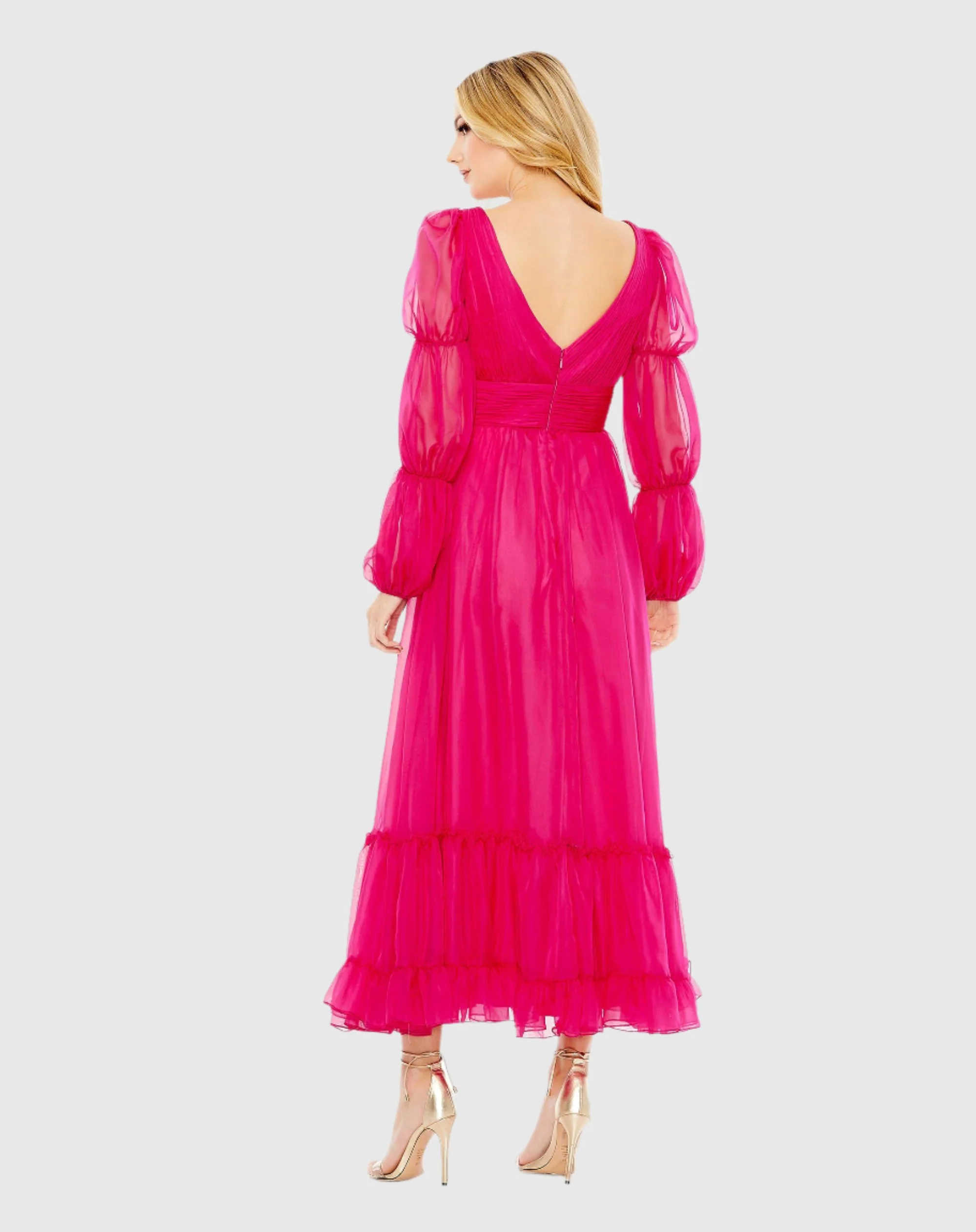 Pink Chiffon Ruched Tiered Puff Sleeve A Line Dress
