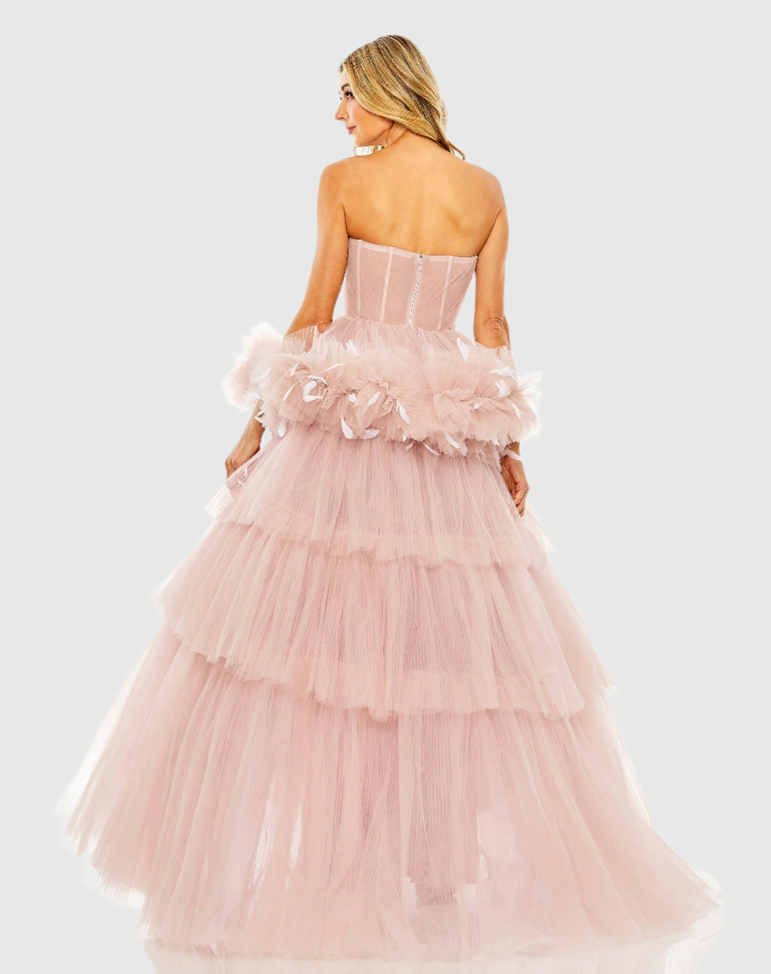 Pink Strapless Tulle Gown with Feather Detail