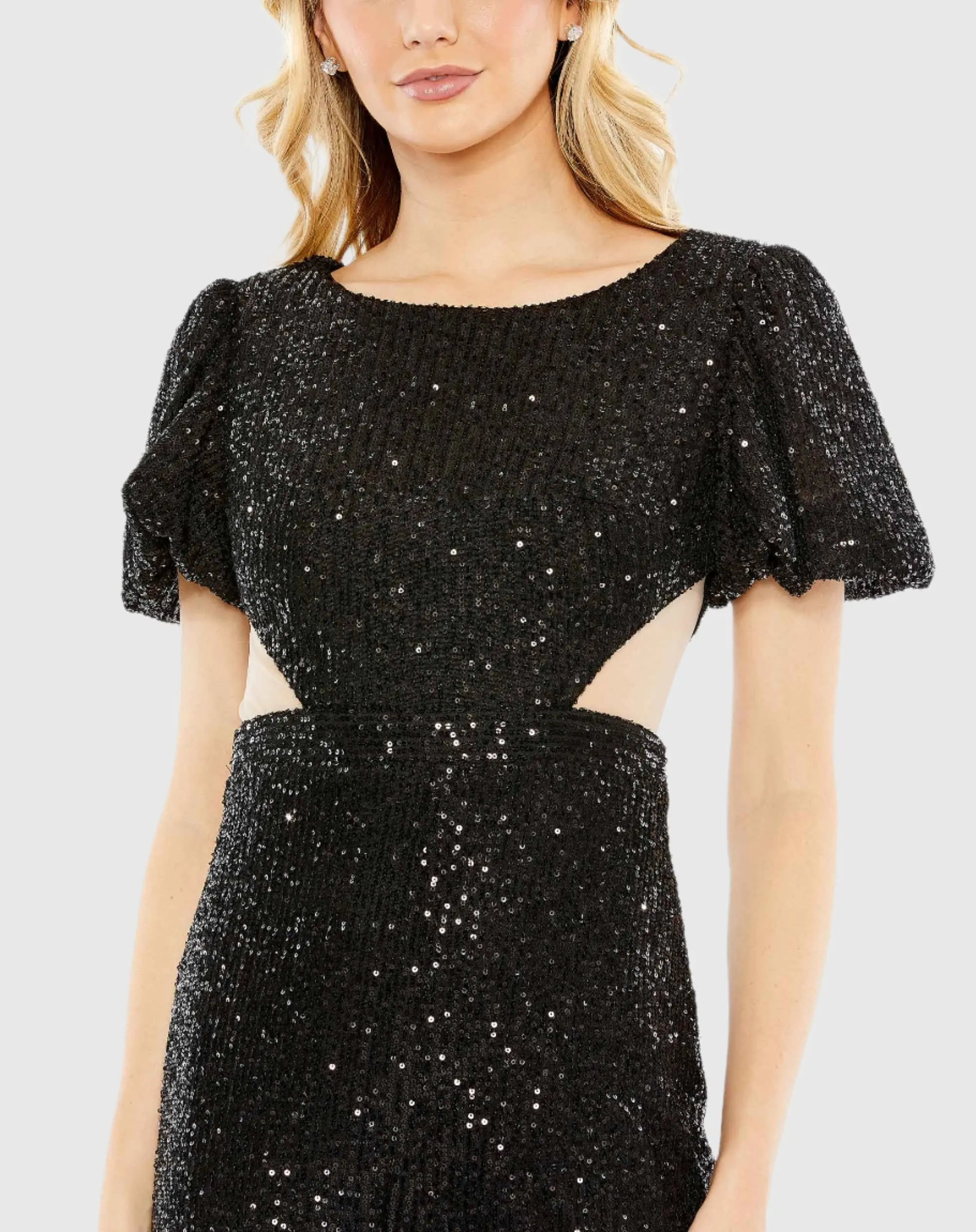 Black Sequined Puff Shoulder Illusion Cut Out Jumpsuit - FINAL SALE