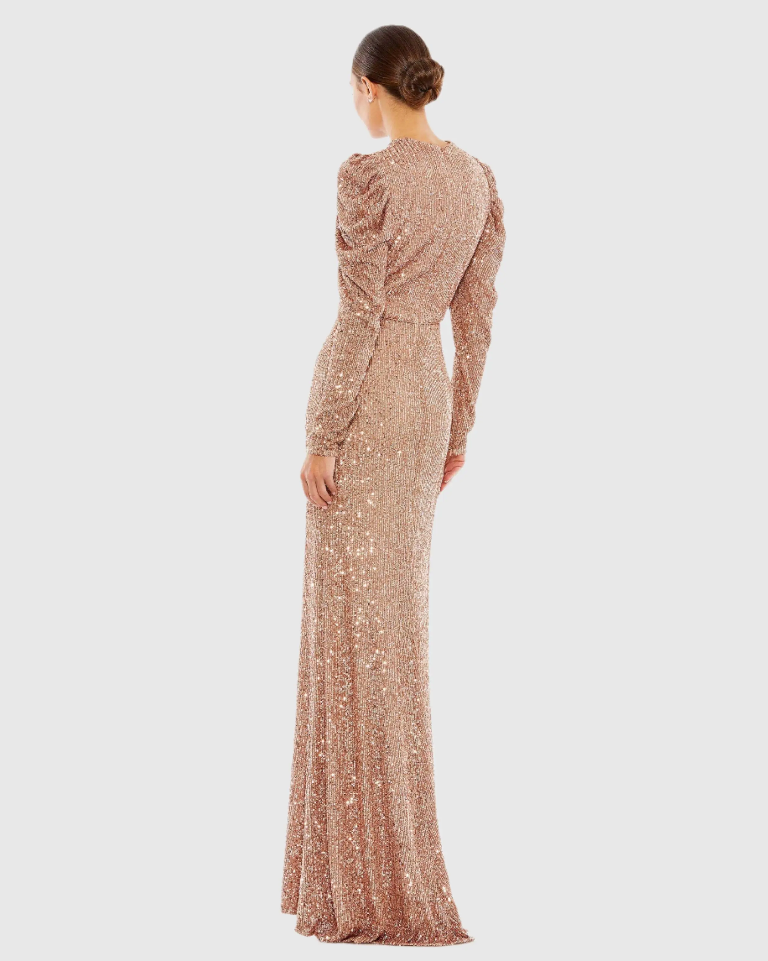 Pink Sequined High Neck Puff Long Sleeve Column Gown