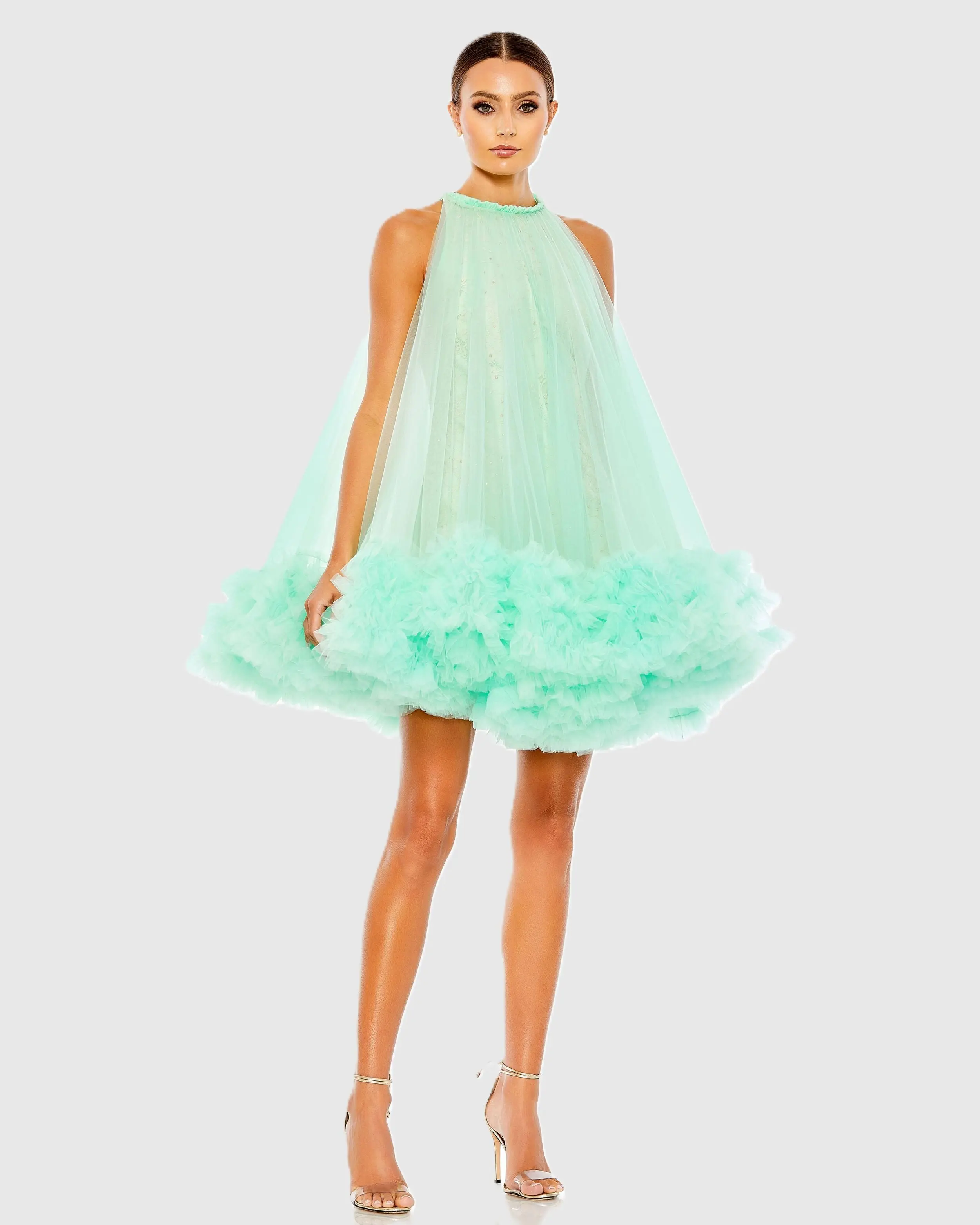 Green High Neck Gathered Tulle A-Line Swing Dress